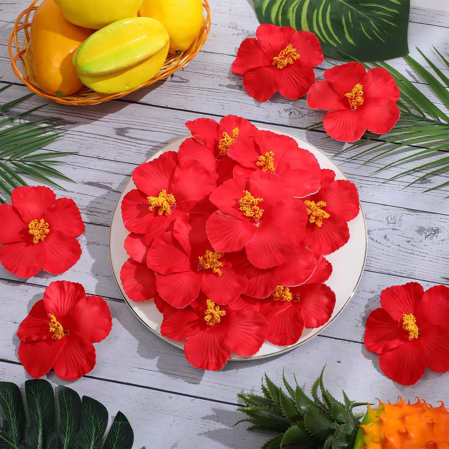 Hotop 24 Pcs Artificial Hibiscus Flowers Red Hawaiian Fake Flowers Faux Tropical Hibiscus Decoration for Luau Summer Party Decor DIY Crafts Cake Favors Supplies Table Centerpieces
