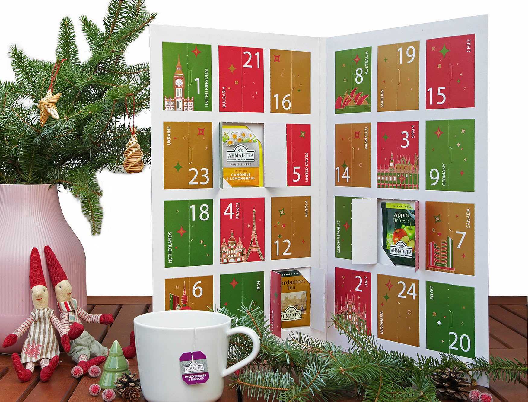 Ahmad Tea Té Calendario de Adviento 2025 - Calendario de Escritorio Plegable - 24 Bolsitas de Té Diferentes - 46,8g