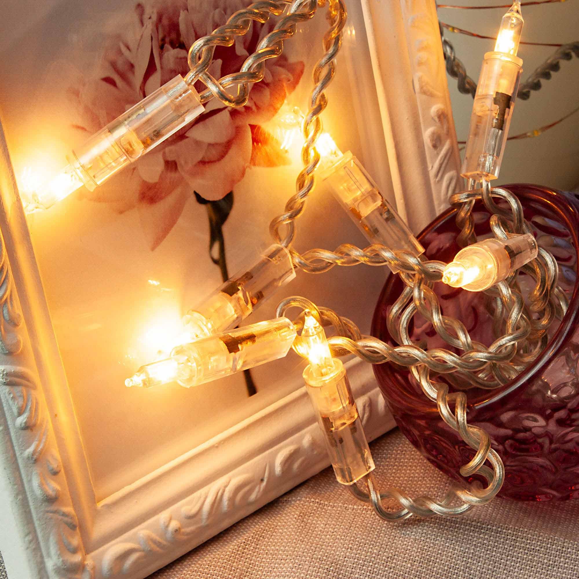 hellum Lichterkette innen strombetrieben, mini Lichterkette 20er Birnen klare warme Lichter, beleuchtete 2,85m, Kabel transparent 20 Lichter mit Stecker für Weihnachten 832068