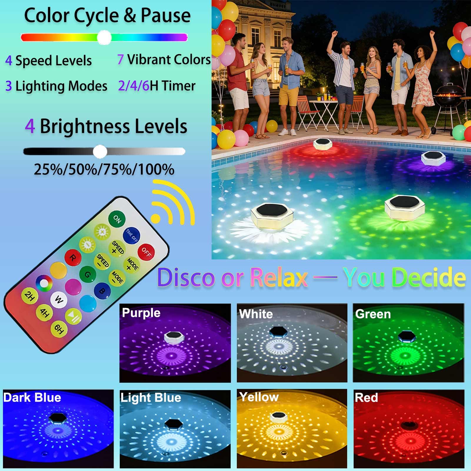 Cozymeow Lumiere Piscine Lampe avec Télécommande, Lampe Piscine LED Etanche Flottante Hors Sol 7 Couleurs 3 Modes IP68 Étanche, Boule Lumineuse Piscine Solaire pour Étang Spa Jardin Fête, 2 Pièces - 4