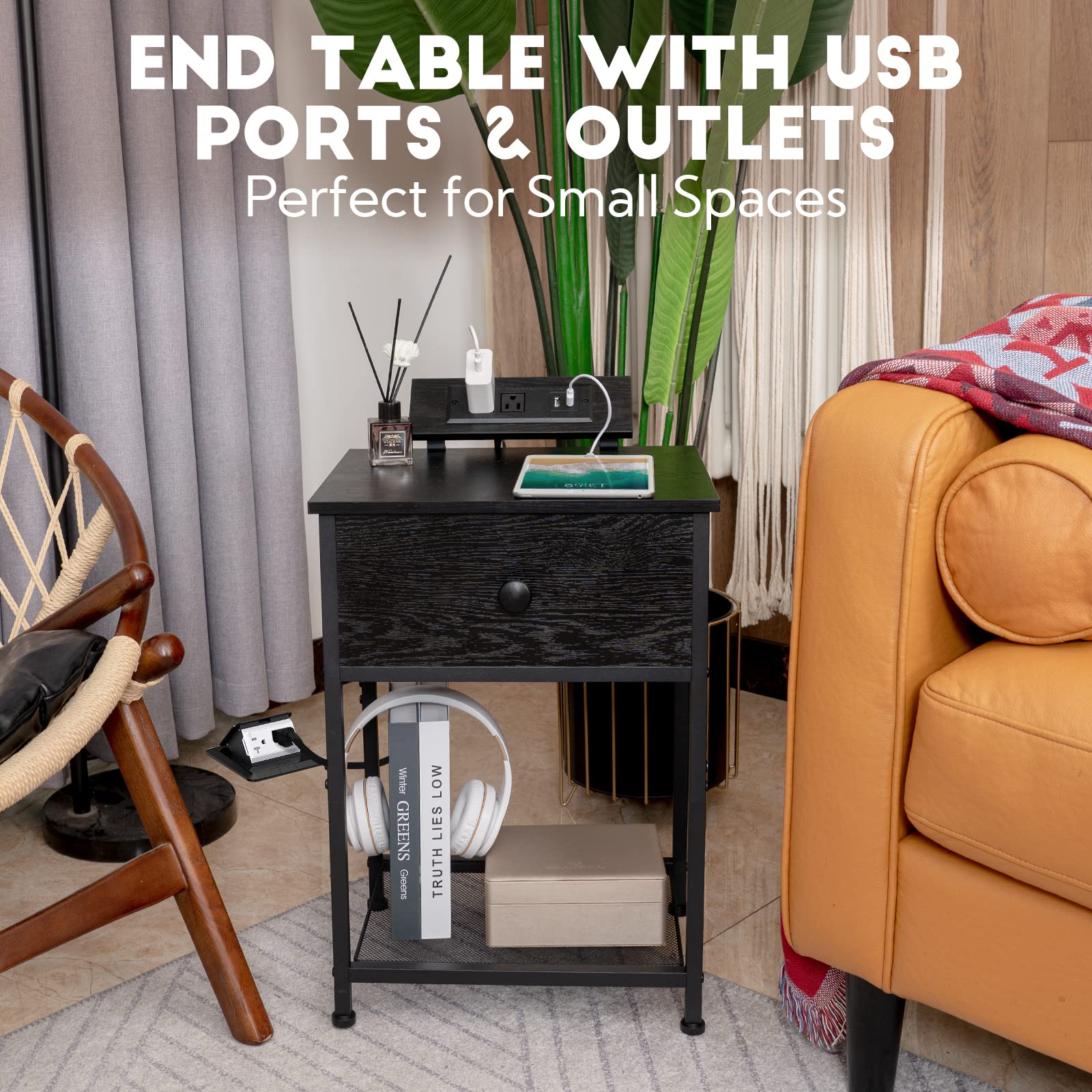 AMHANCIBLE Black Nightstands Set of 2, End Tables Living Room with Charging Station, Night Stands with USB Ports & Power Outlets, Side Table with Storage Drawers for Bedroom (Black)