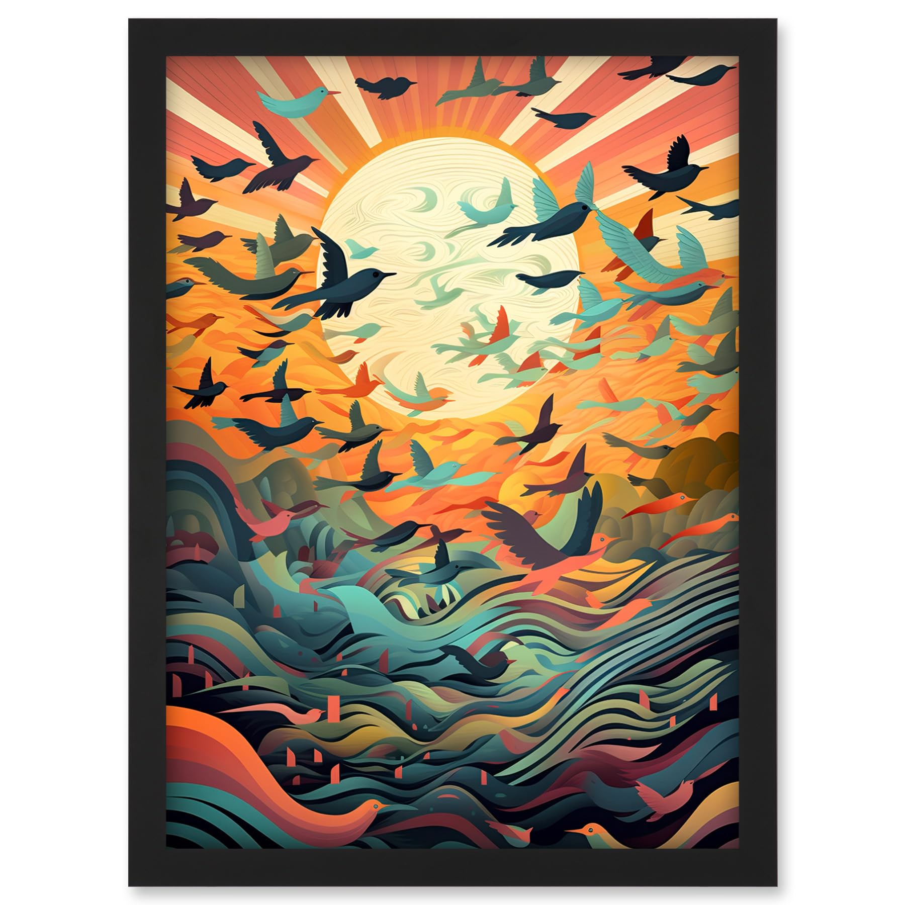 Artery8 Flock of Birds Flying at Sunrise Modern Folk Art Artwork Framed A3 Wall Art Print
