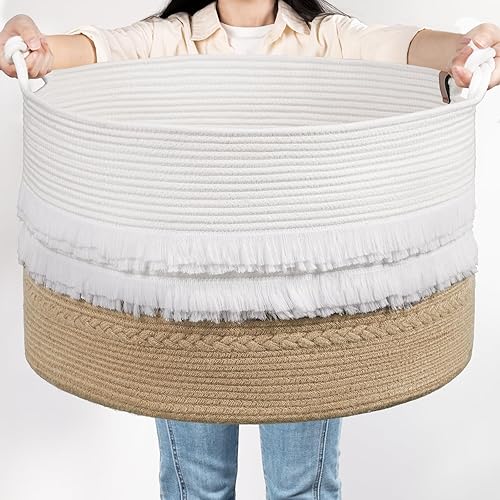 TIMEYARD Cesta para manta, 21.7 x 13.8 pulgadas, cesta de almacenamiento grande para sala de estar, canasta de juguetes con asas, cesta tejida para