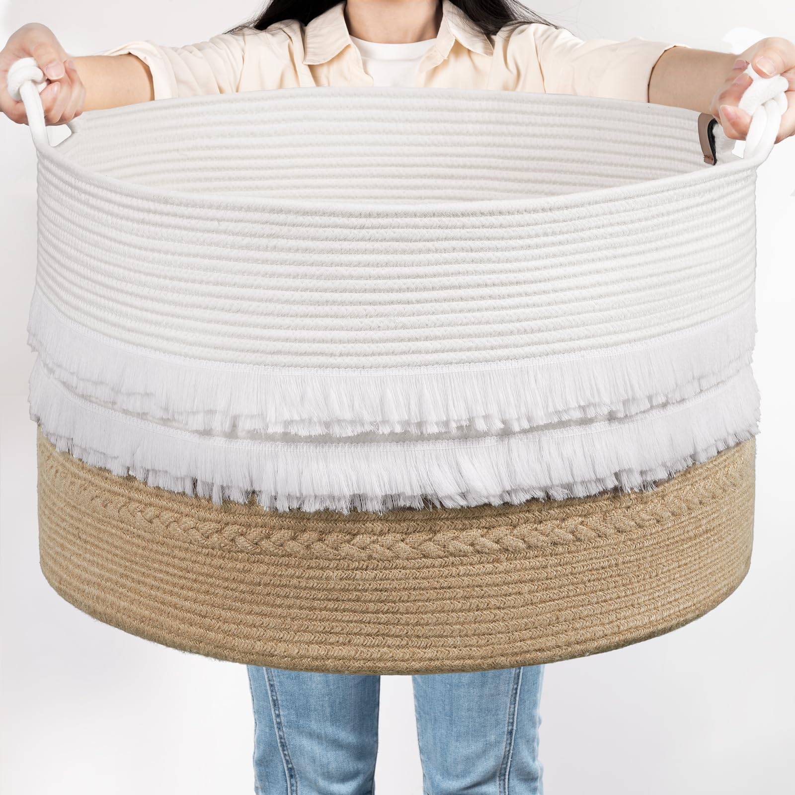 TIMEYARDBlanket Basket, 21.7'' x 13.8'' XXX Large Storage Basket for Living Room, Toy Basket with Handles, Woven Laundry Basket for Clothes Pillows Towels, 90L, White & Camel