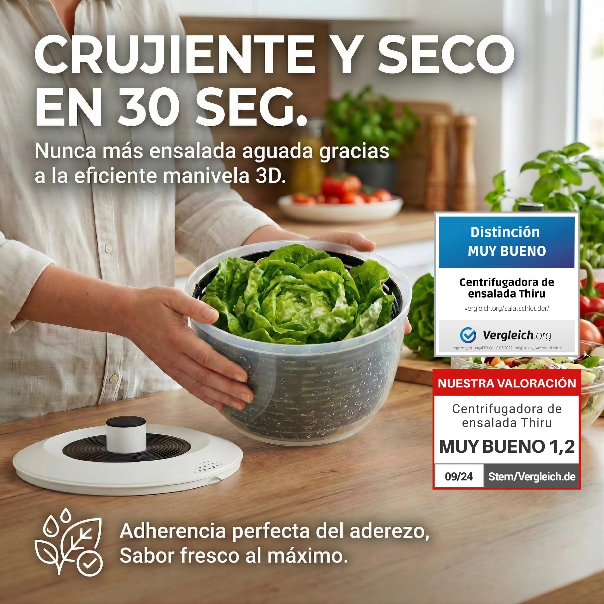 Centrifugadora de ensalada Premium 5 L – 60 días sin riesgo – 2 en 1 antideslizante: centrifugadora + bol – Ø 24,5 cm – libre de BPA – lavavajillas – para secar ensalada/lechuga – eBook incluido