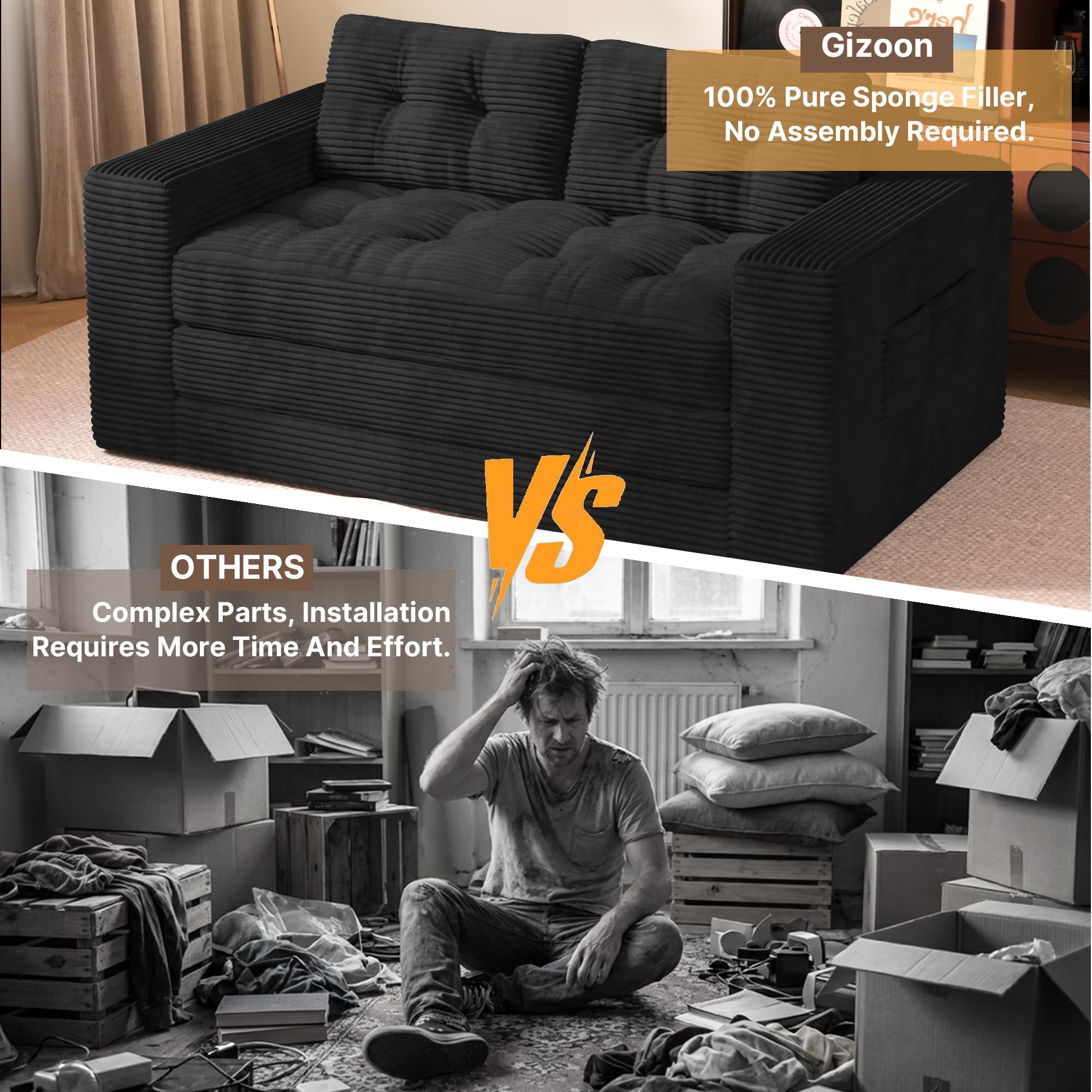 Gizoon Boneless Couch Bed Small Floor Couch 59" Convertible Sleeper Sofa | Folding Sofa Bed with 2 Pillows & Memory Foam, Corduroy Pull Out Couch for Small Spaces, Apartment, Living Room, Black