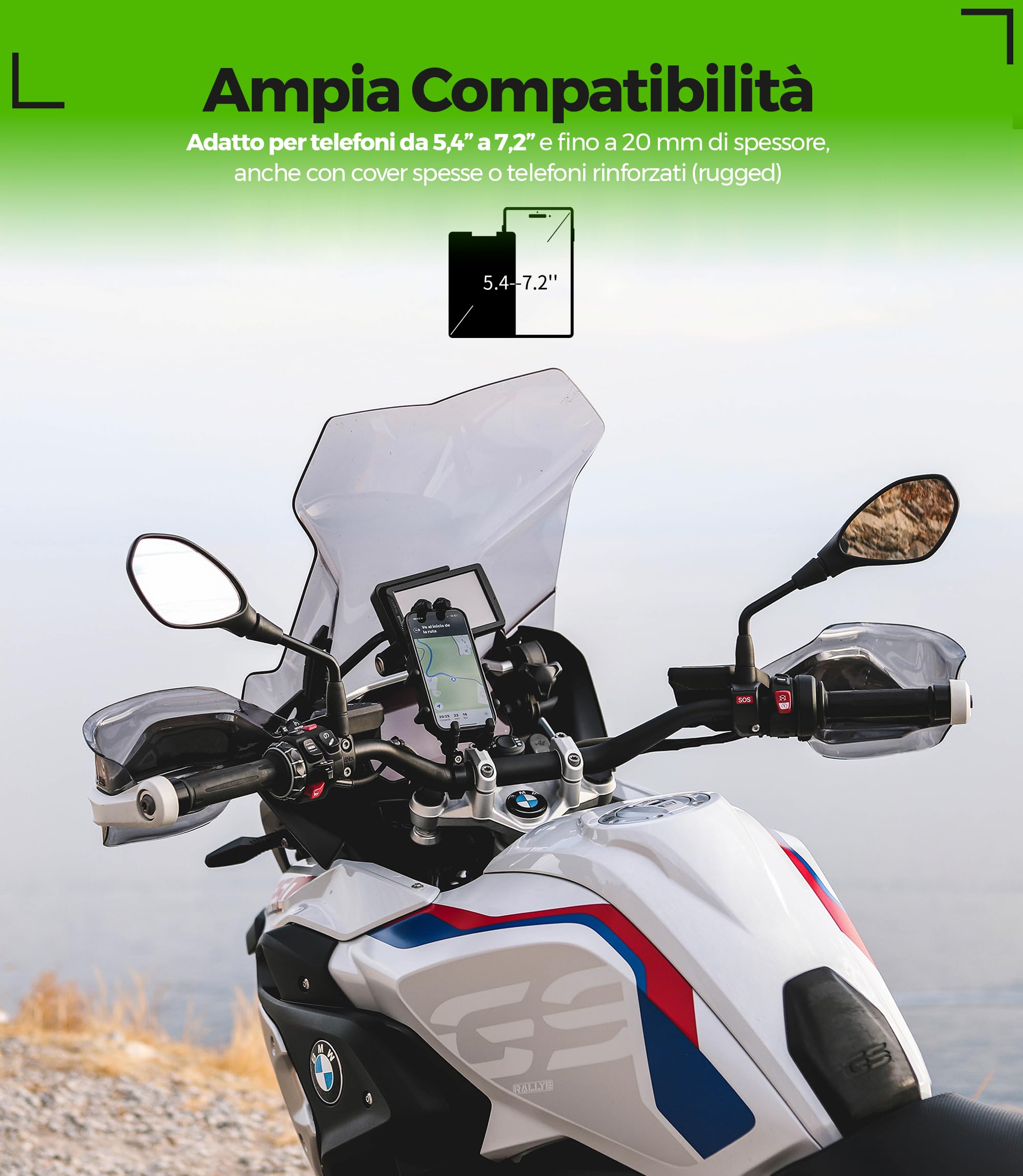 Porta Cellulare Moto Antivibrazione Antifurto Trail Ultra Resistente per Manubrio Compatibile Smartphone Ruggerizzati 5.4 a 7.2 Pollici Supporto Telefono Moto Adventure Enduro Touring Offroad