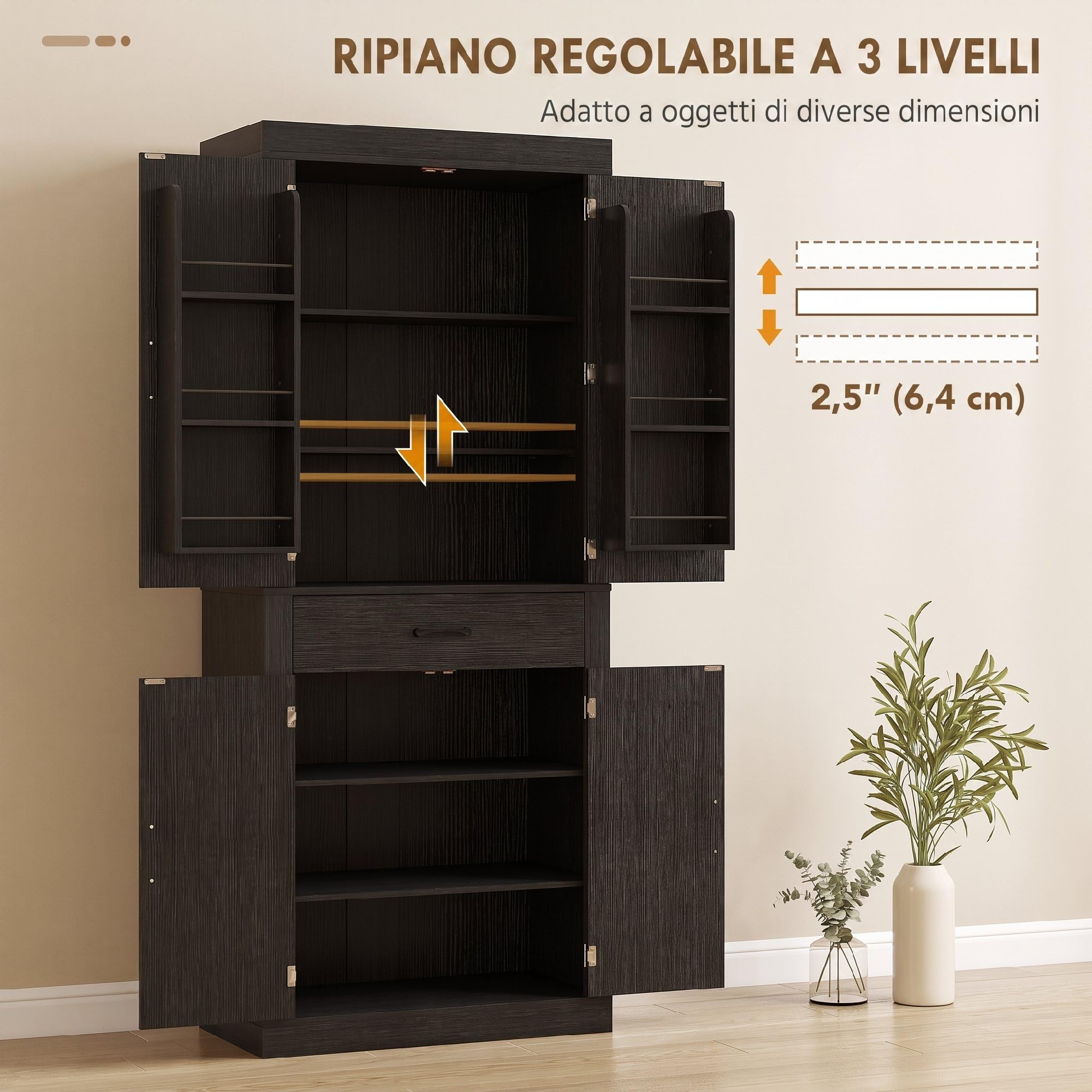 HOMCOM Credenza Cucina Alta 183.5 cm con 6 Portaspezie sulla Porta Nero