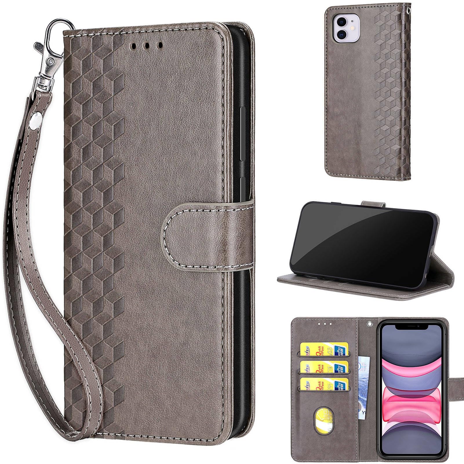 KENHONER Designed for iPhone 11 Case Wallet,Women Flip Folio Cover with Embossed PU Leather Stand Credit Card Holders Slots Wrist Strap Phone Case for
