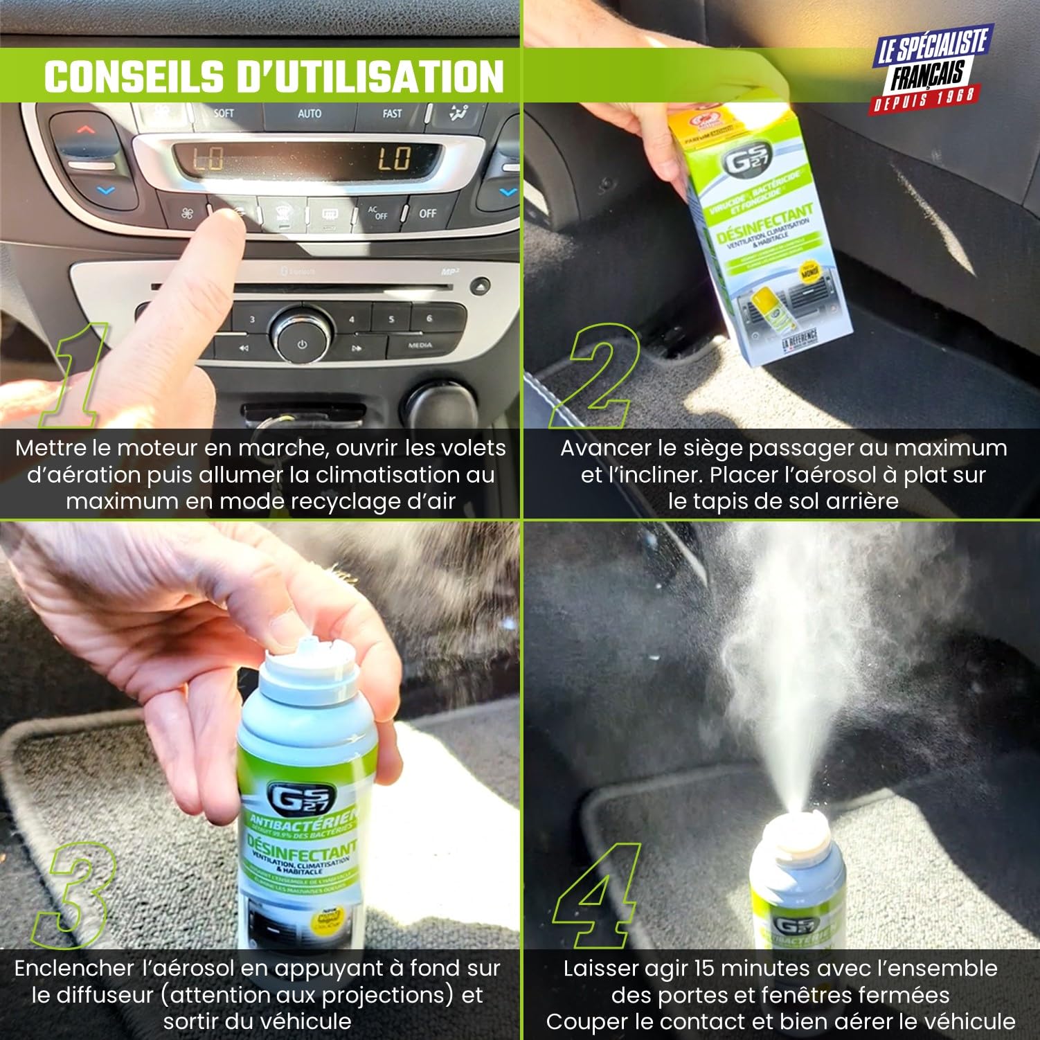 GS27 - Désinfectant Climatisation Voiture - Assainit la Ventilation et l'Habitacle - Parfum Monoï, Dark Sensation