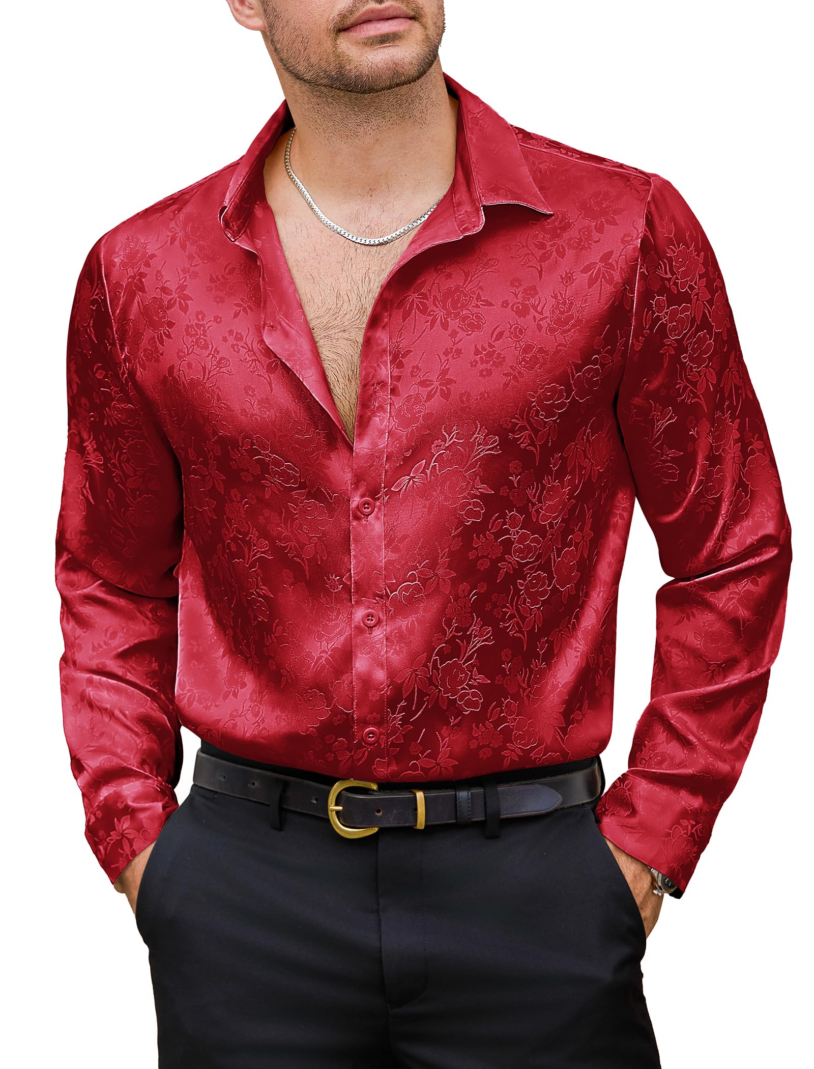 Vssjavun Mens Satin Dress Shirts Long Sleeve Silk Shirt Shiny Luxury Button Up Floral Shirt Party Prom Wedding Shirts