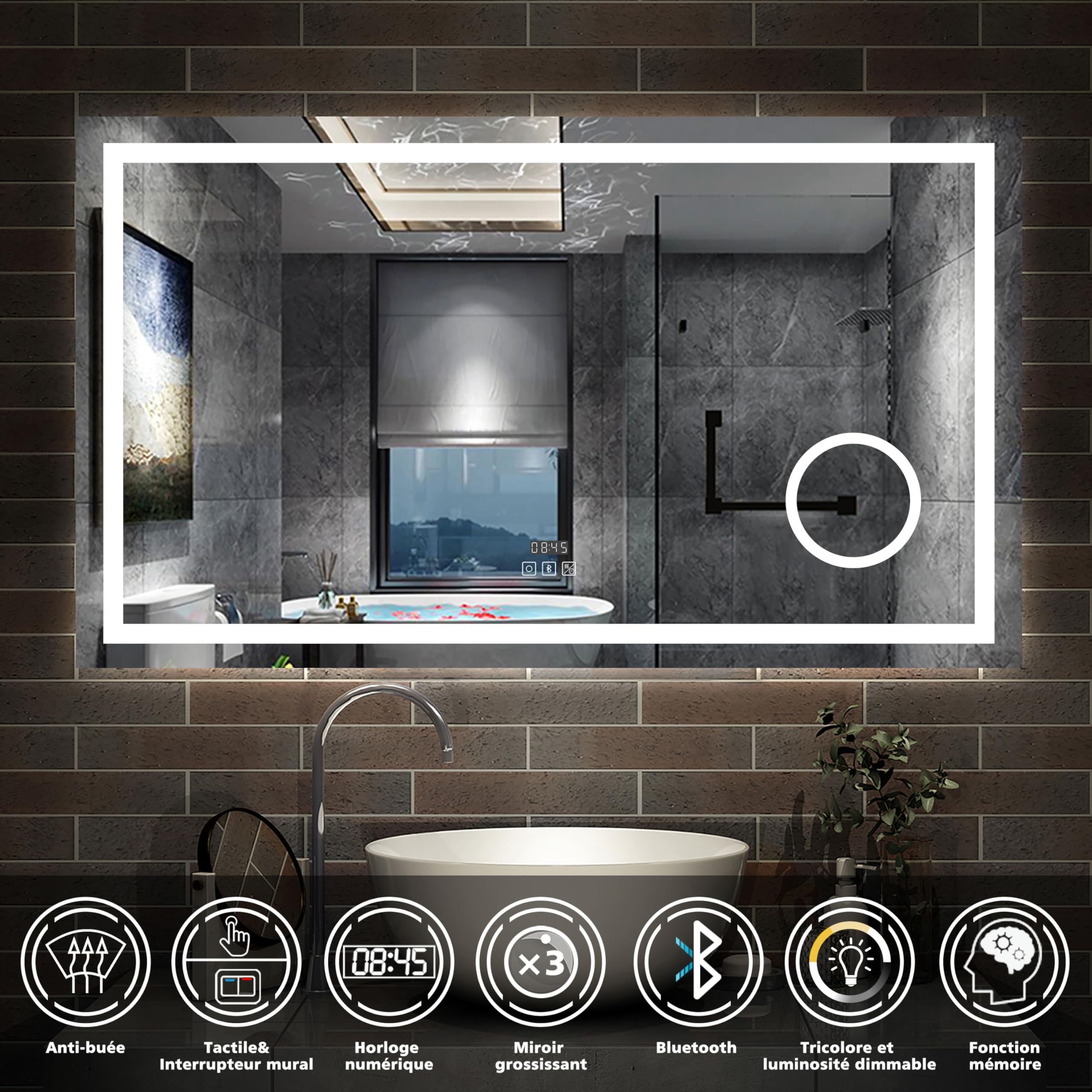 AICA Miroir Salle de Bain 120 x 70cm,Miroir Lumineux LED 3 Couleurs | Bluetooth + Dimmable + Grossissant + Horloge + Anti-buée + Mémoire,Miroir Mural avec Éclairage Interrupteur Tactile Étanche