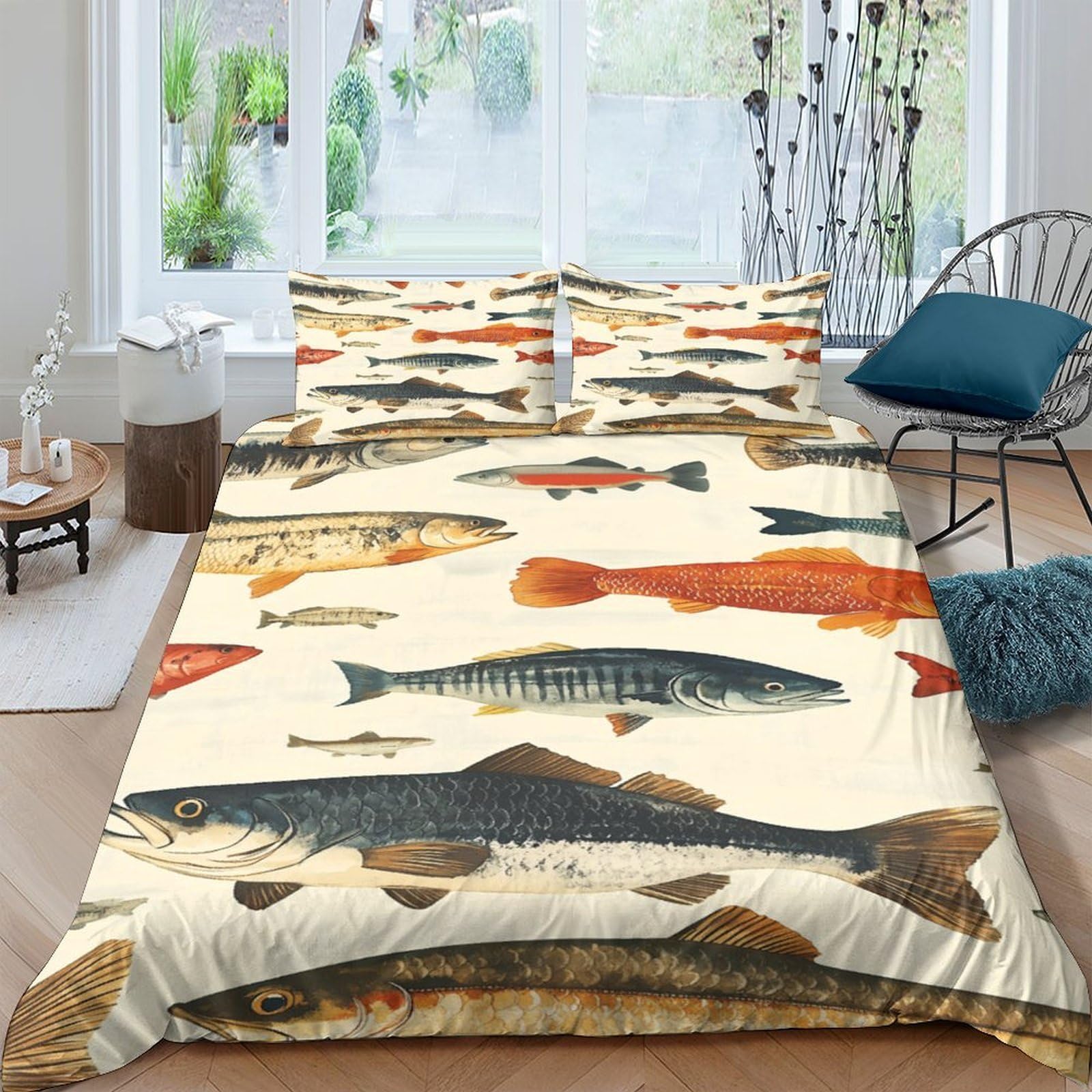 Ctjqhvkz Style-8 3D Printed Vintage Fish Fitted Sheet Microfiber Soft Bedding Artistic Aquatic Bed Cover For Bedroom Guest Room Decor Single（135X200cm）