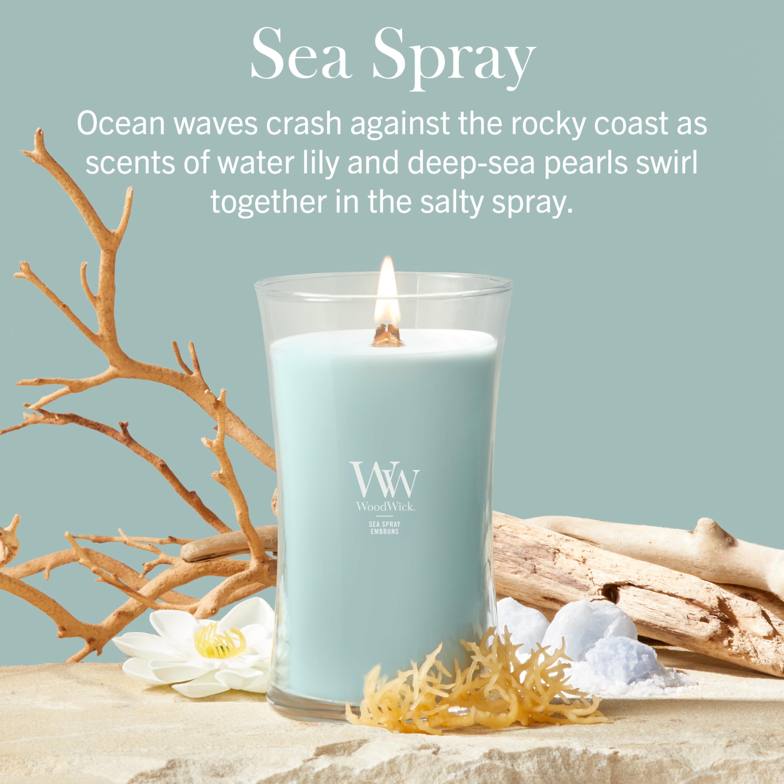WoodWick Vela perfumada | Vela grande en forma de reloj de arena | Marine Drift | Regalos perfectos para mujeres