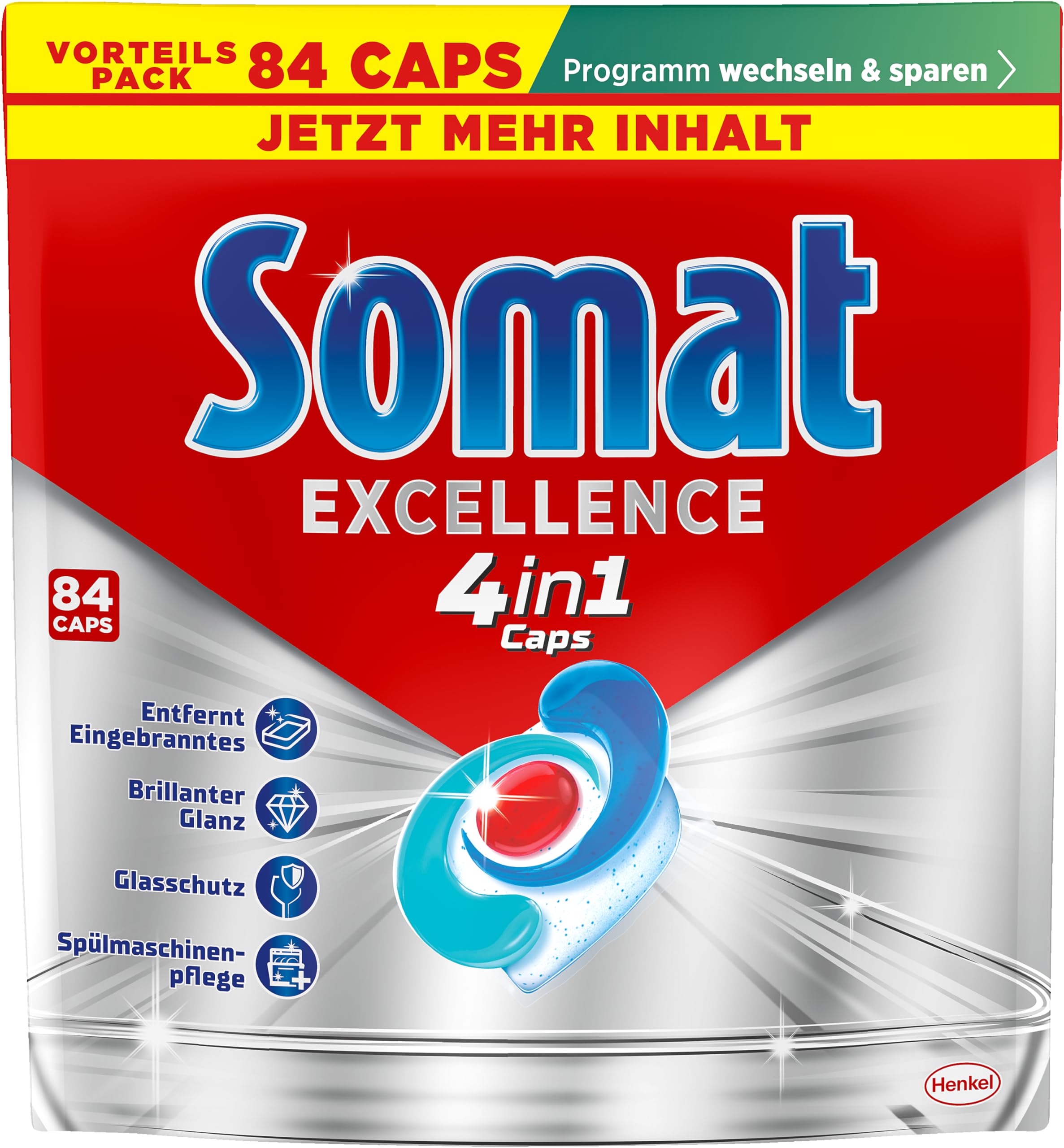 Somat Excellence 4in1 Caps (84 Caps), schnellauflösende Spülmaschinen Caps für brillanten Glanz auch im Niedrigtemperatur-, Kurz- & Eco-Programm, Somat Caps entfernen kraftvoll Eingebranntes
