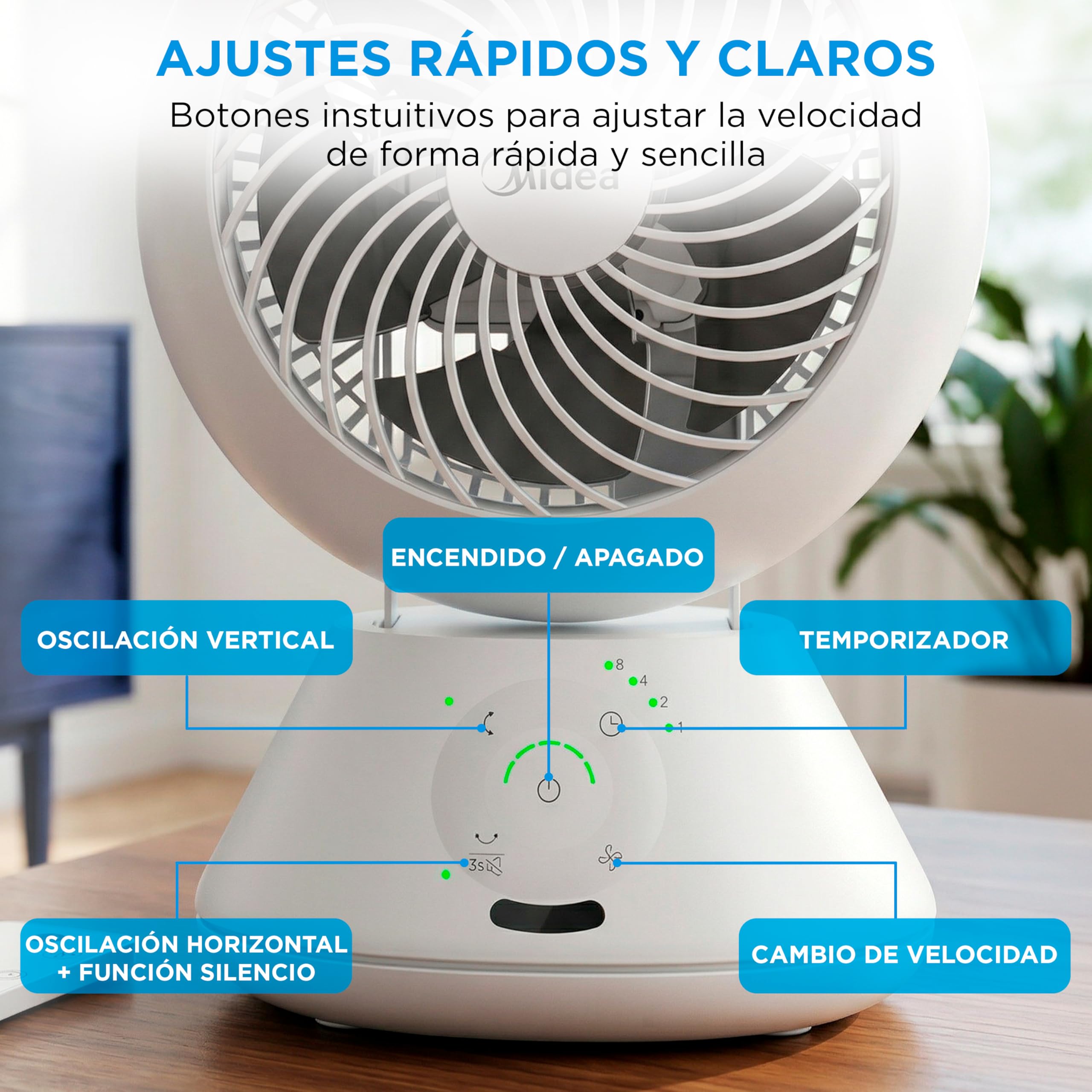 Midea Ventilador de Mesa Silencioso de 5 Velocidades con Mando a Distancia - Ventilador Pequeño Portatil con Oscilación Automática 120º + 105º, Temporizador de 15 horas - Alcance de hasta 15 metros