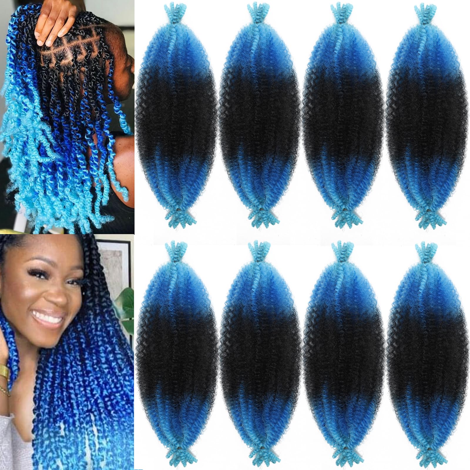8 Packs Springy Afro Twist Hair 12 Inch Marley Twist Braiding Hair Ombre Blue Marley Hair for Black Women Short Marley Twists Hairstyles Kinky