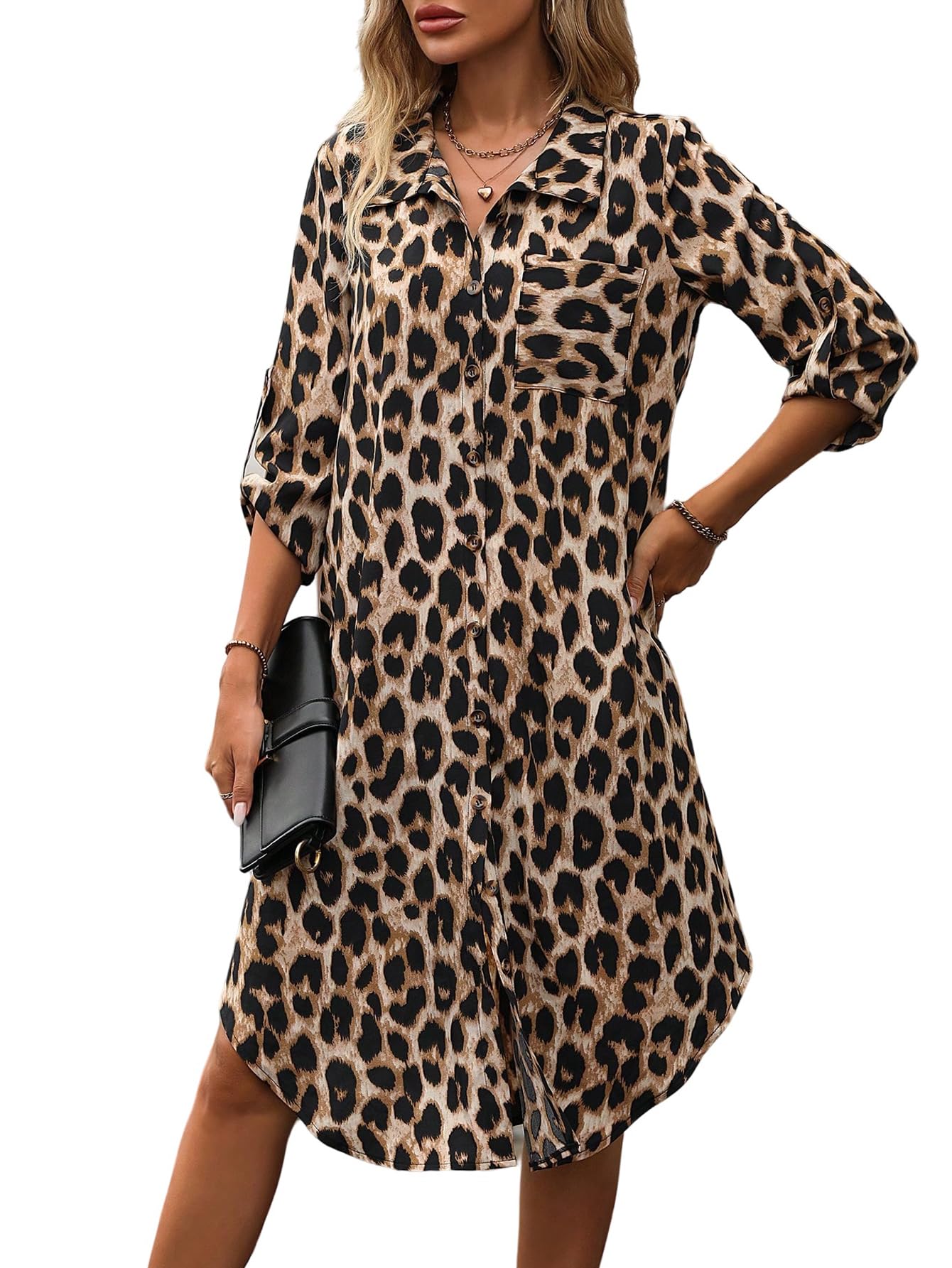 SweatyRocks Hemdblusenkleid Damen Langarm Knielang Elegantes Leoparden Kleid Blusenkleid Herbstkleid Langes Leo Kleid Tunikakleid Mit Tasche