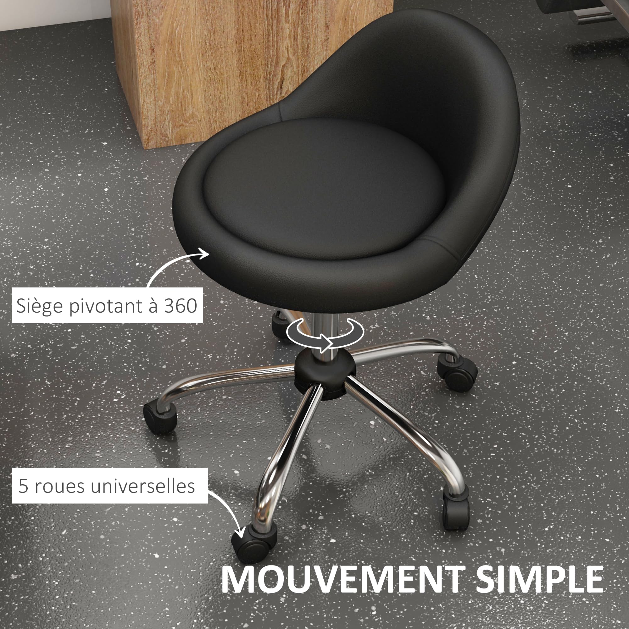 HOMCOM Tabouret à roulettes Tabouret de Travail pivotant 360° Hauteur réglable 53-73 cm Tabouret de Bureau revêtement synthétique Noir