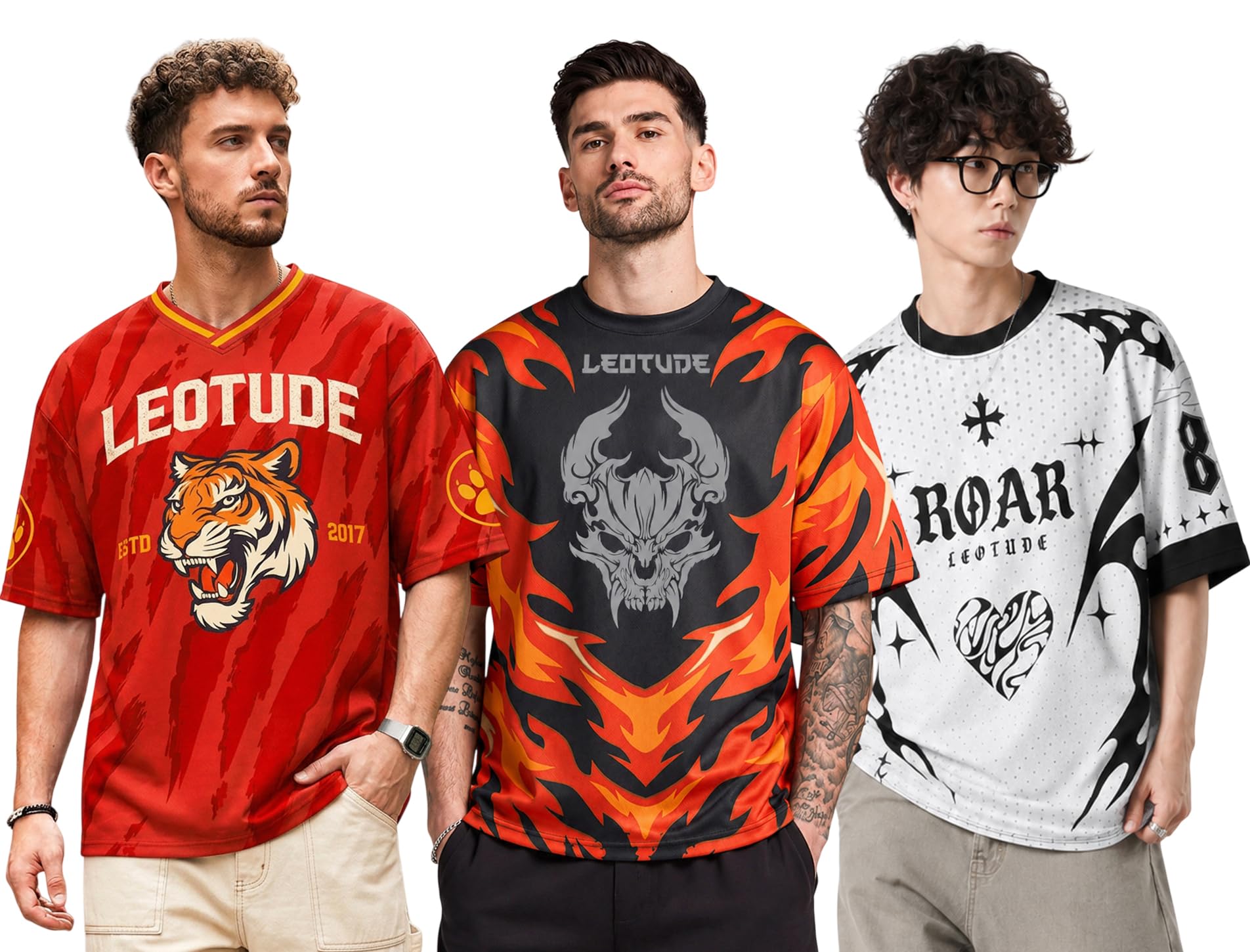 leotude Men’s Tiger Graphic Printed Oversized T-Shirt | Bold Red Sports Jersey Style Tee | V-Neck Half Sleeve Casual Streetwear for Men's (Color:Red)-picture-39