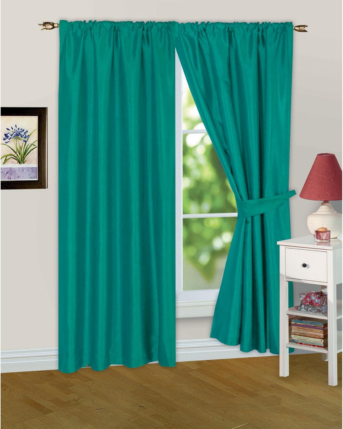Faux Silk Ready Made Fully Lined Curtains/Drapes And Tiebacks (65in x