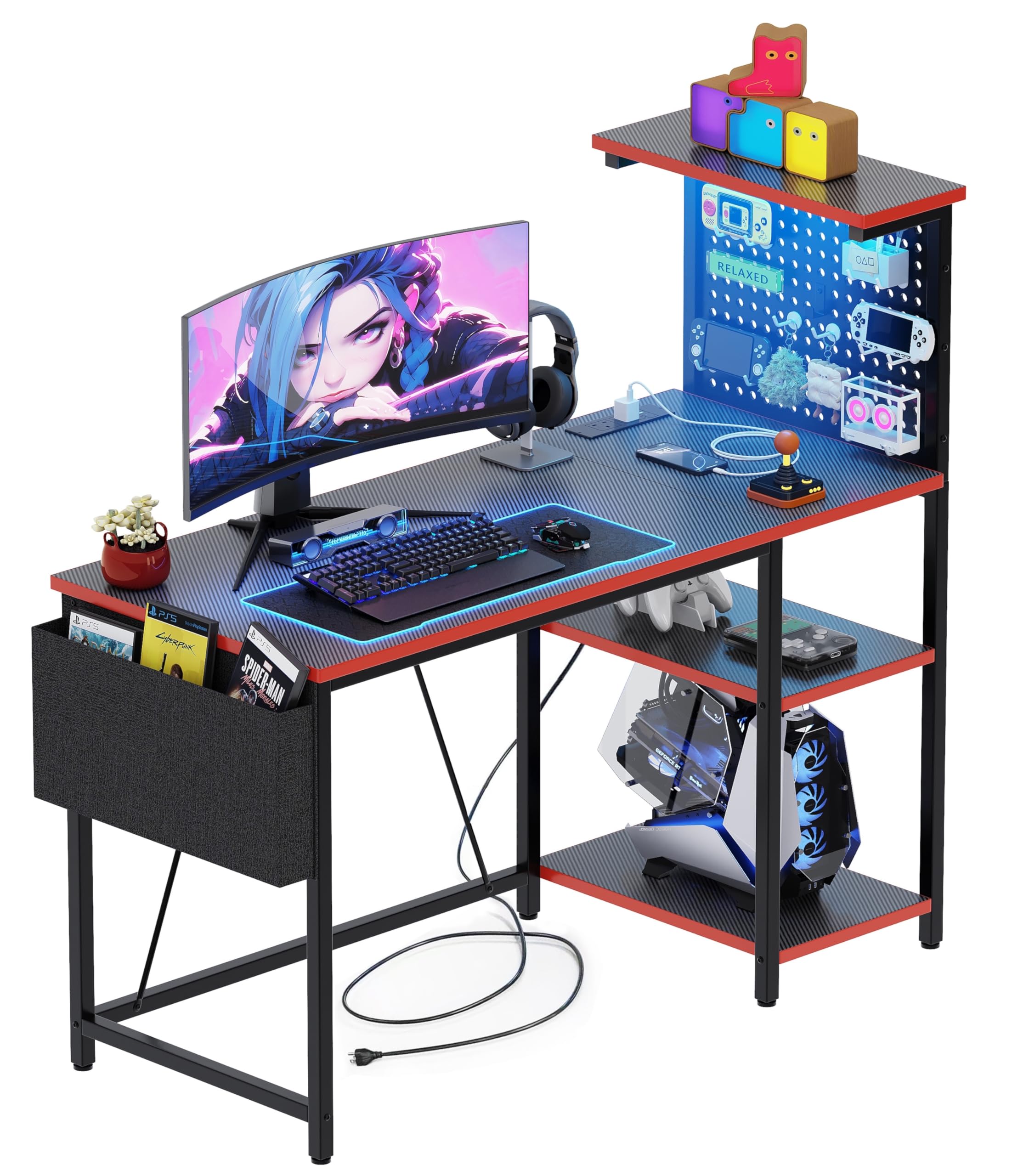 Xyphren Gaming Desk with Pegboard & Power Outlet & LED Light, Small Computer Desk with Reversible Shelves for Corner Home Office Desk, 100 * 50cm, Blcak — image 1