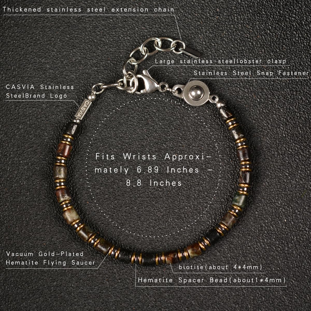 Biotite Veil Men's Beaded Bracelet - Handcrafted Stone Bracelet with Biotite & Hematite Beads, Reinforced Thick Steel Wire, Adjustable Dual-Clasp, Ideal Gift for Men, Dad, Boyfriend, Birthday, Father’s Day