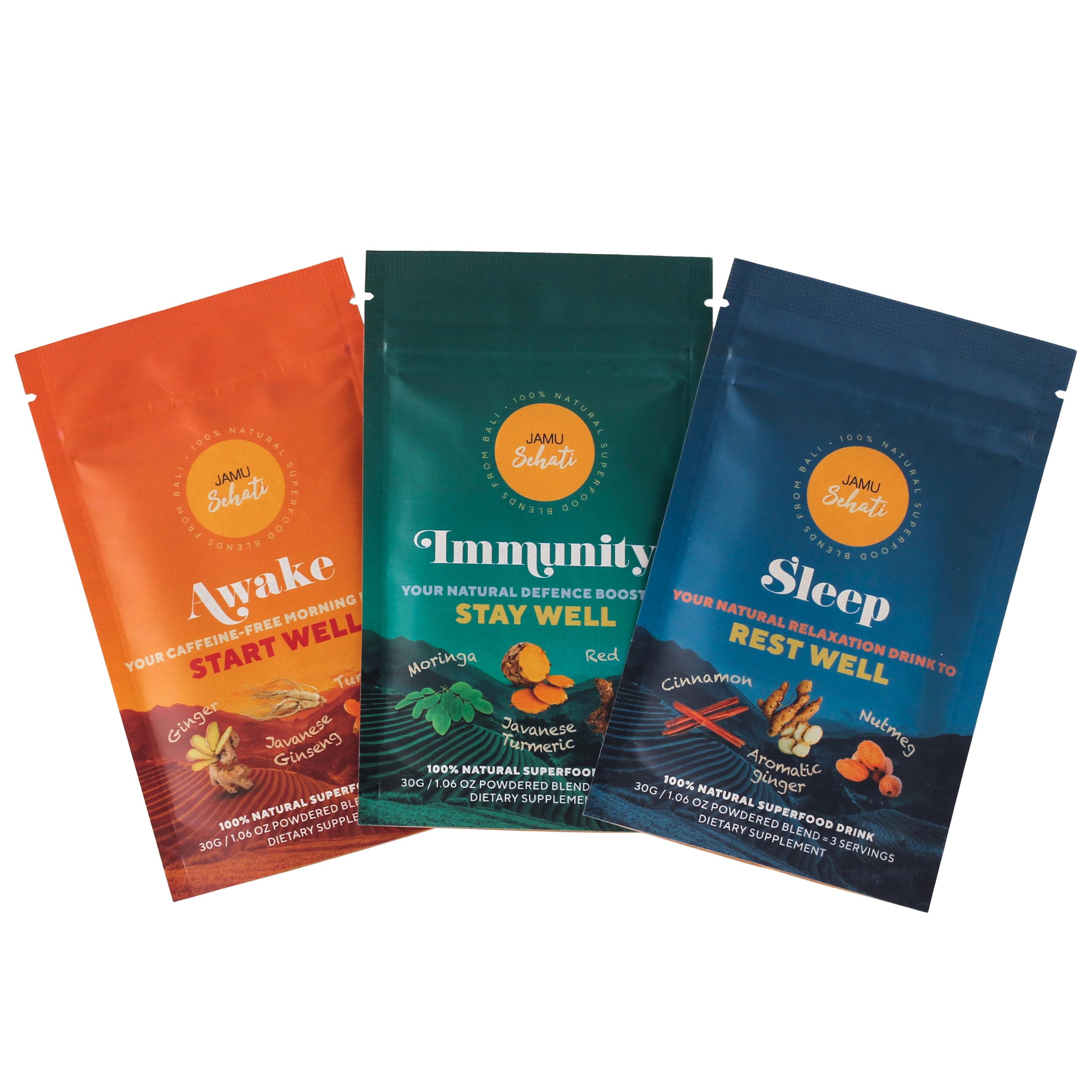 JAMUSEHATI, Variety Pack, Natural Superfoods Blend from Bali, 3 Sachets Variety Pack 3.17 Ounce (Pack of 1)