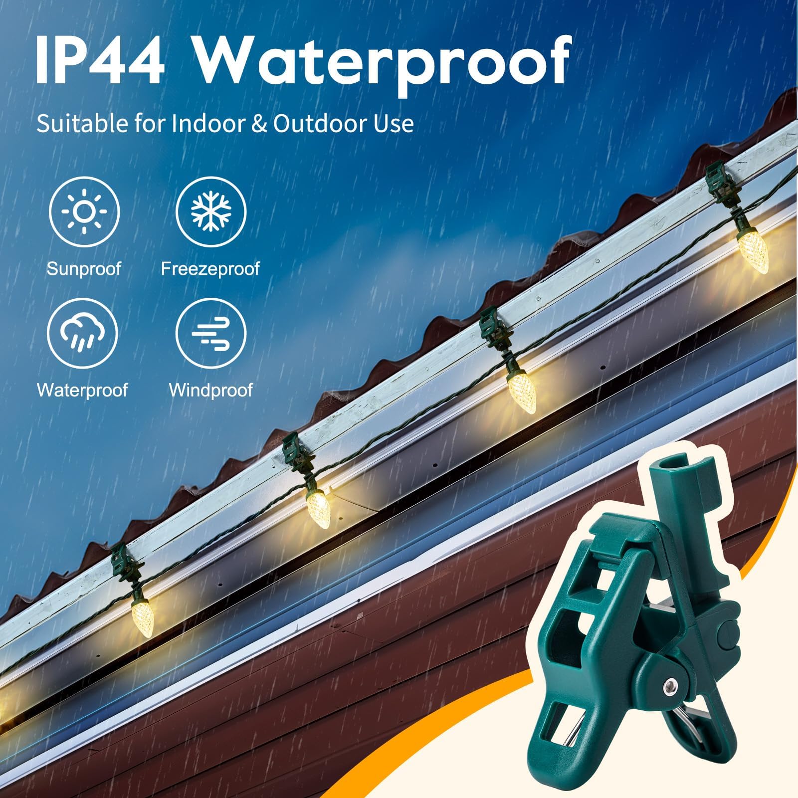 C9 LED-Weihnachtsbeleuchtung für den Außenbereich mit 100 Federklammern, 30,5 m, 100 LEDs, wasserdicht, Erdbeer-Lichterkette, kommerzielle Qualität, ausziehbar, perfekt für Dachlinie, Terrasse, Haus
