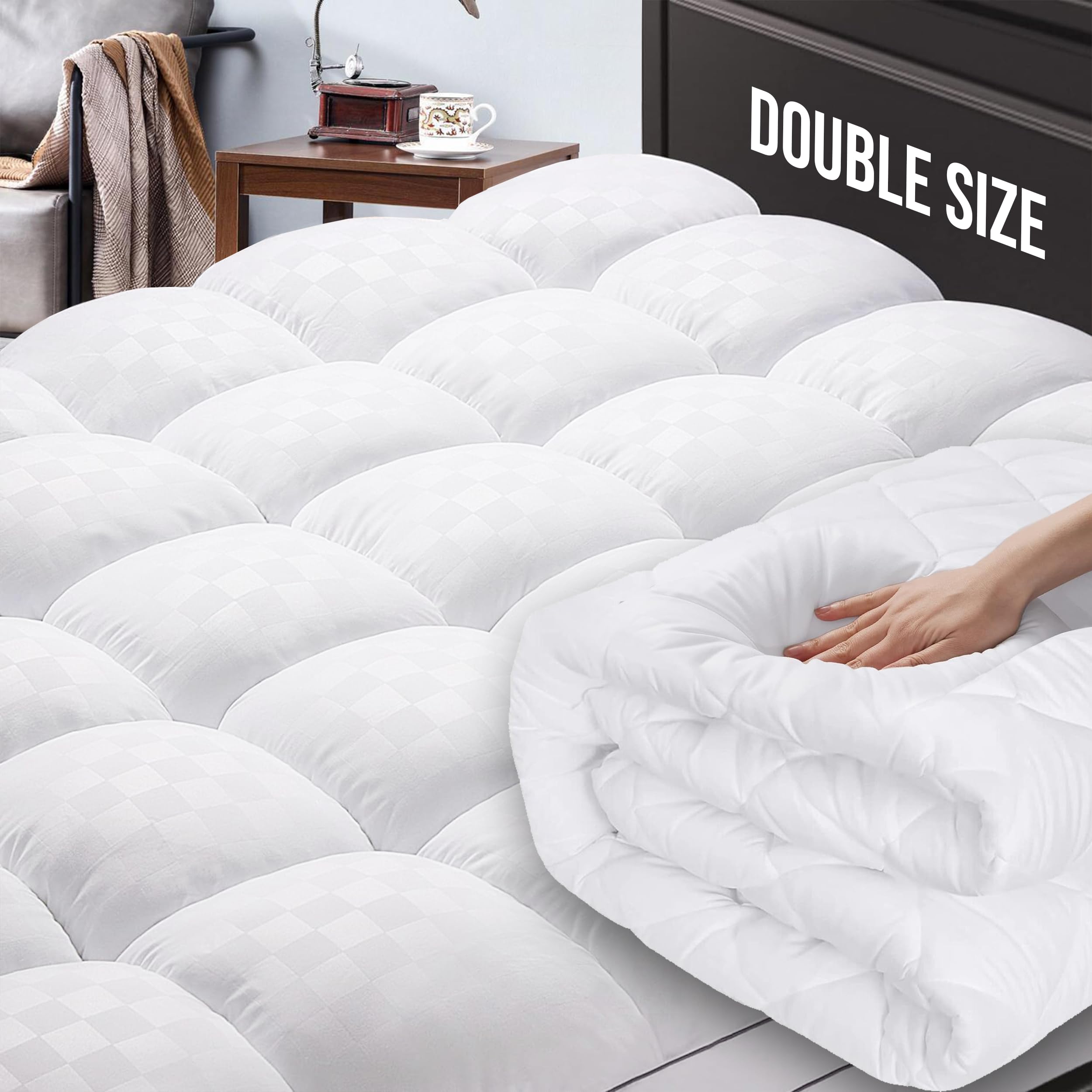 SHARRLA Mattress Topper For Bed, 4 Inch Extra Thick Super Size Matress Topper, Plush Comfort, Soft & Hypoallergenic Baffle Box Stitched for Evenly Filling (DOUBLE)