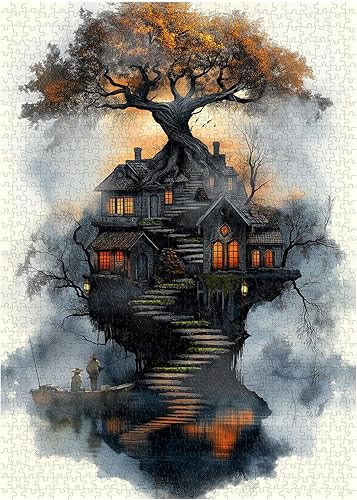 Miniatura 2 de Rompecabezas de casa del árbol de fantasía para adultos de 1000 piezas, rompecabezas de arte de árbol natural con cabaña de bosque, cielo al