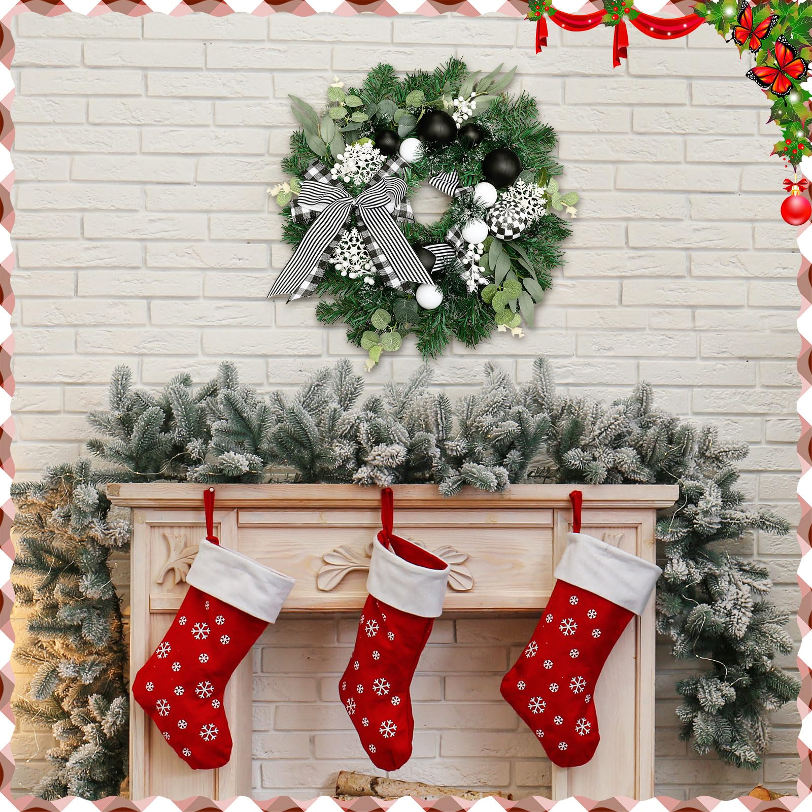 Knitgrip Couronne de Noël pré-éclairée pour porte d'entrée - Couronne de Noël avec boule de Noël noire et blanche et nœud de buffle - Couronne lumineuse à 20 LED pour les vacances, l'intérieur, le