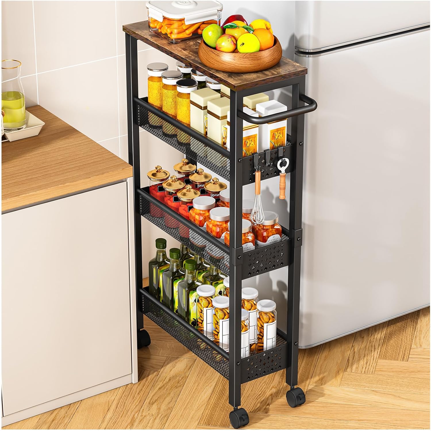 Utility Slim Storage Cart with Wheels, 4 Tier Small Rolling Cart with Wood Top, Metal Kitchen Bathroom Laundry Room Organization Trolley with Handle for Narrow Space – Black Black 7.1 inch wide