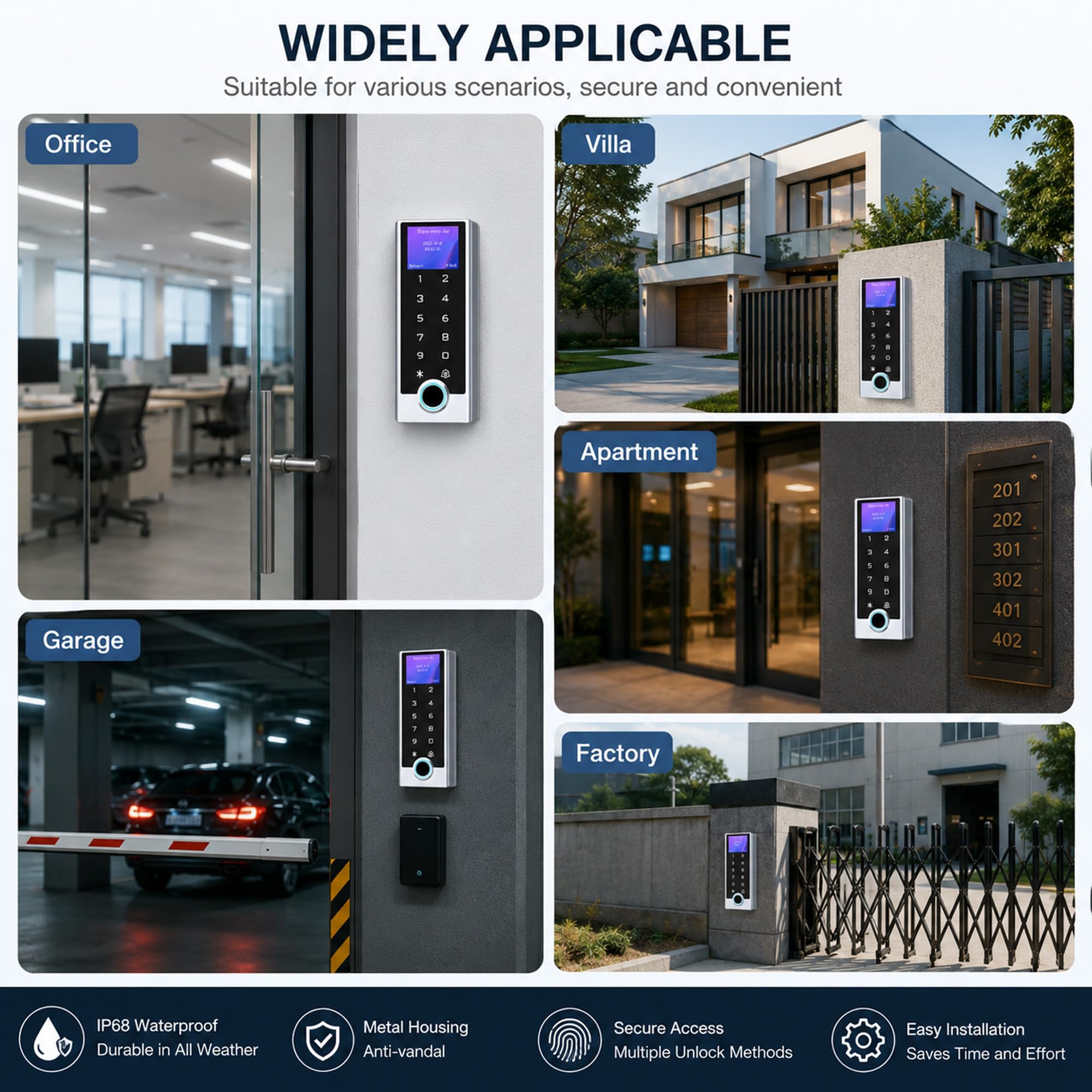Zutrittskontrolle mit Fingerabdruck für Tür und Tor, Codeschloss RFID 125kHz + 10 ID-Transponder, LCD-Display, Metall IP68, WG26/WG34, PIN + Transponder, DC 12–24V, Wohnung Büro Geschäft T15