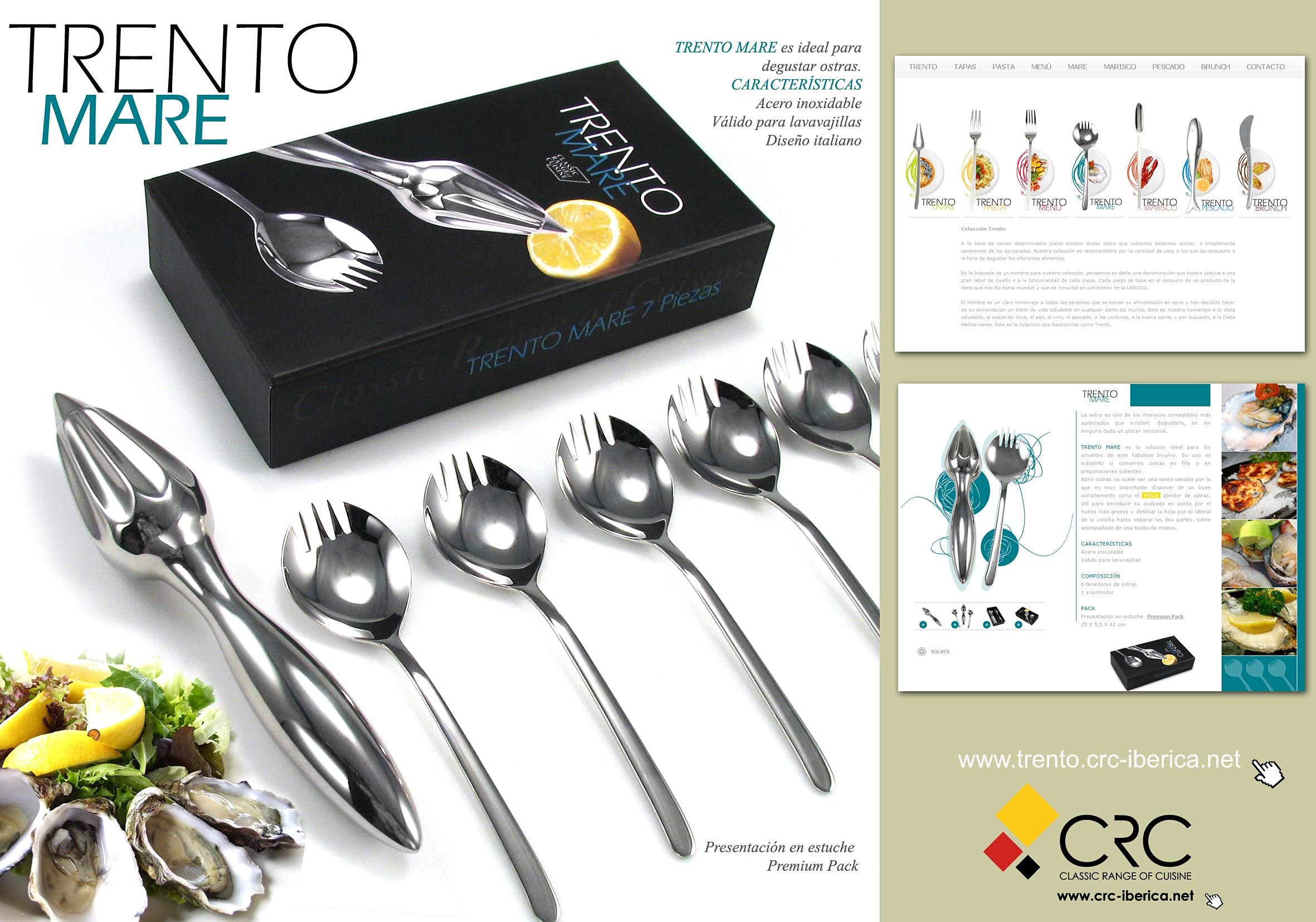 Franquihogar - Posate per ostriche, cozze, capesante, zamburigas, forchetta per spiedini | 6 cucchiaio-forchetta e spremiagrumi in acciaio inossidabile | Trento Mare edizione deluxe
