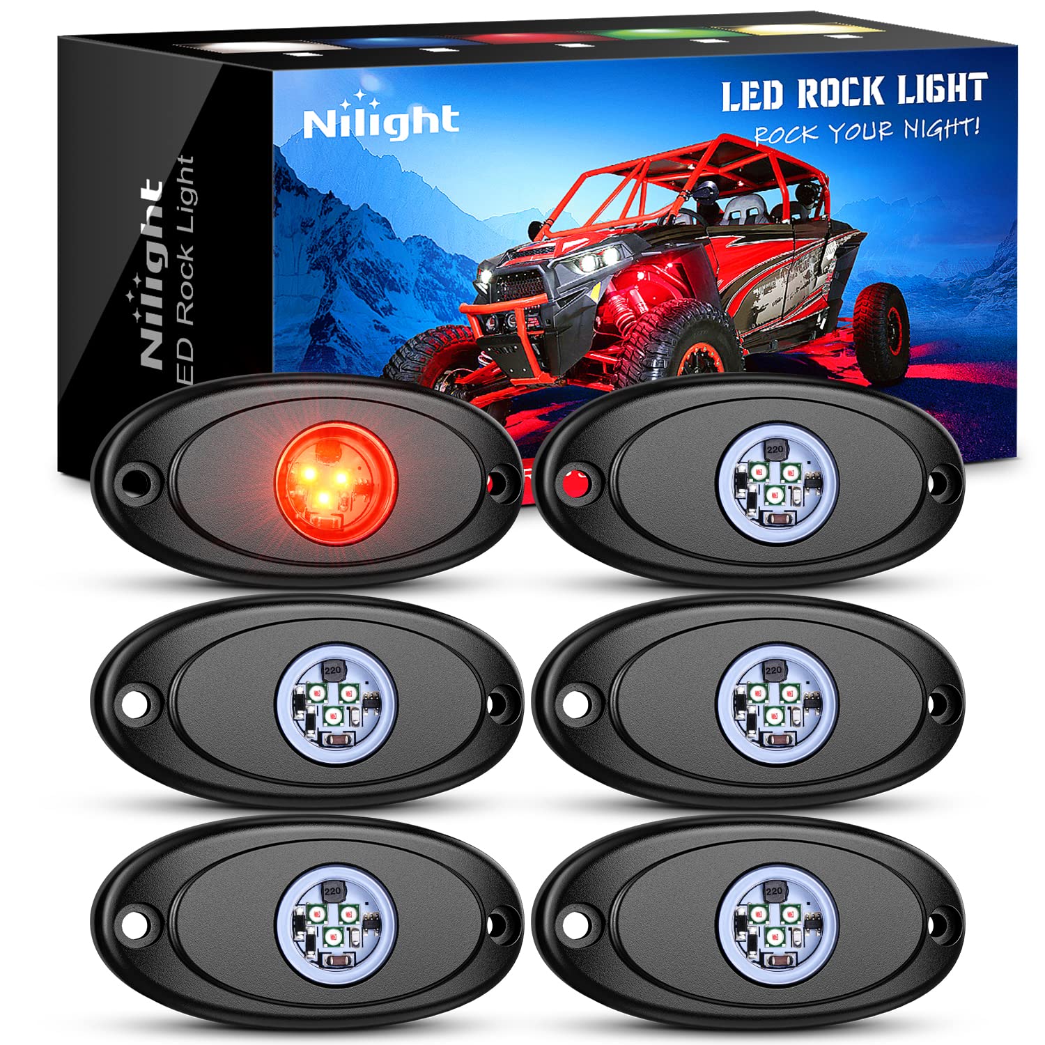 Nilight LED Rock Light 6PCS Underglow Wheel Well Pods Waterproof Exterior Underbody Roof Rack Side Lamps for Car Truck Pickups ATV UTV SUV Motorcycle Boat, Red Color