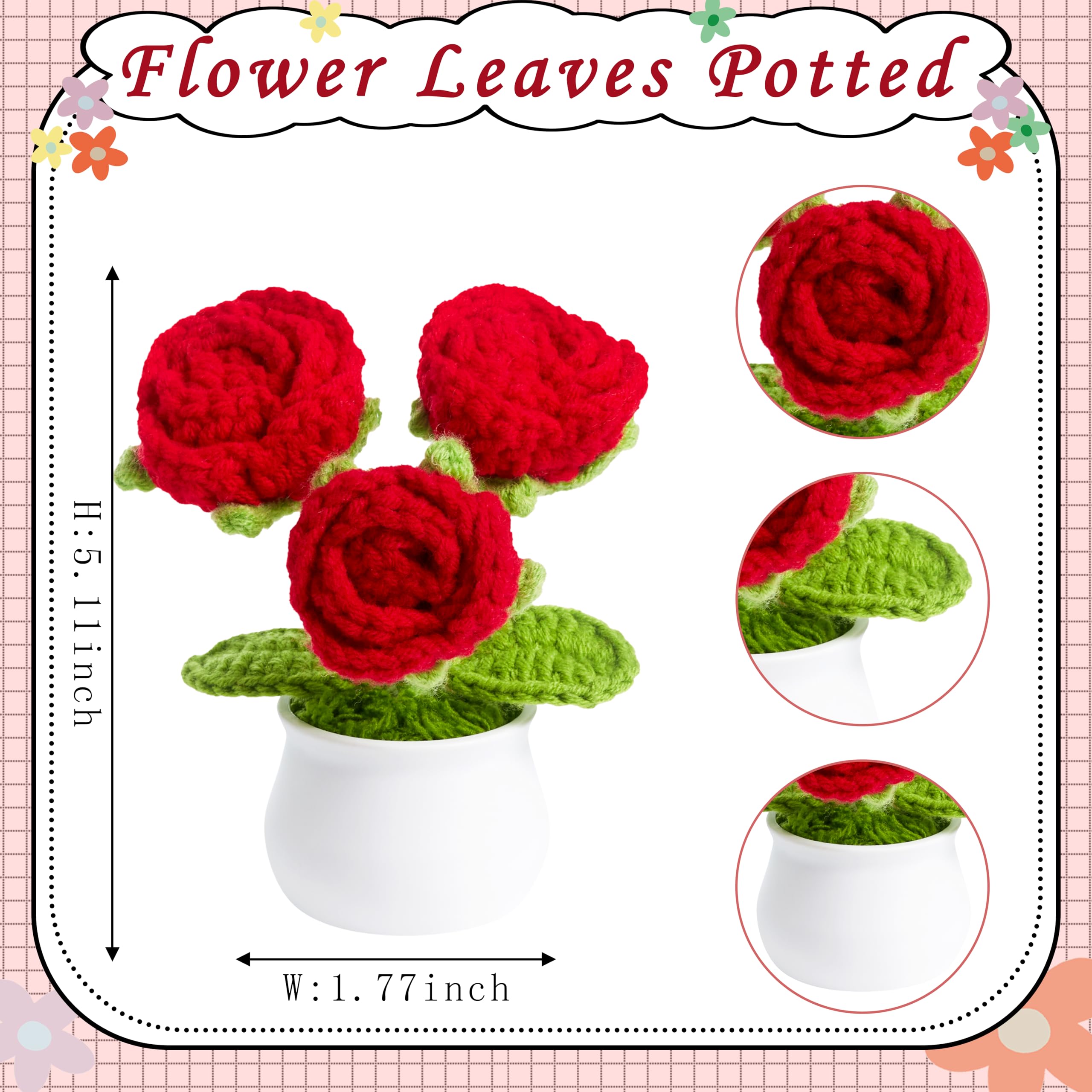 LAIDANLA Crochet Flowers Red Roses Mini Potted, Handmade Red Rose Anniversary Appreciation Birthday Gifts for Women Teacher Lover Mom Friend Knitted Flower for Desk Car Dashboard