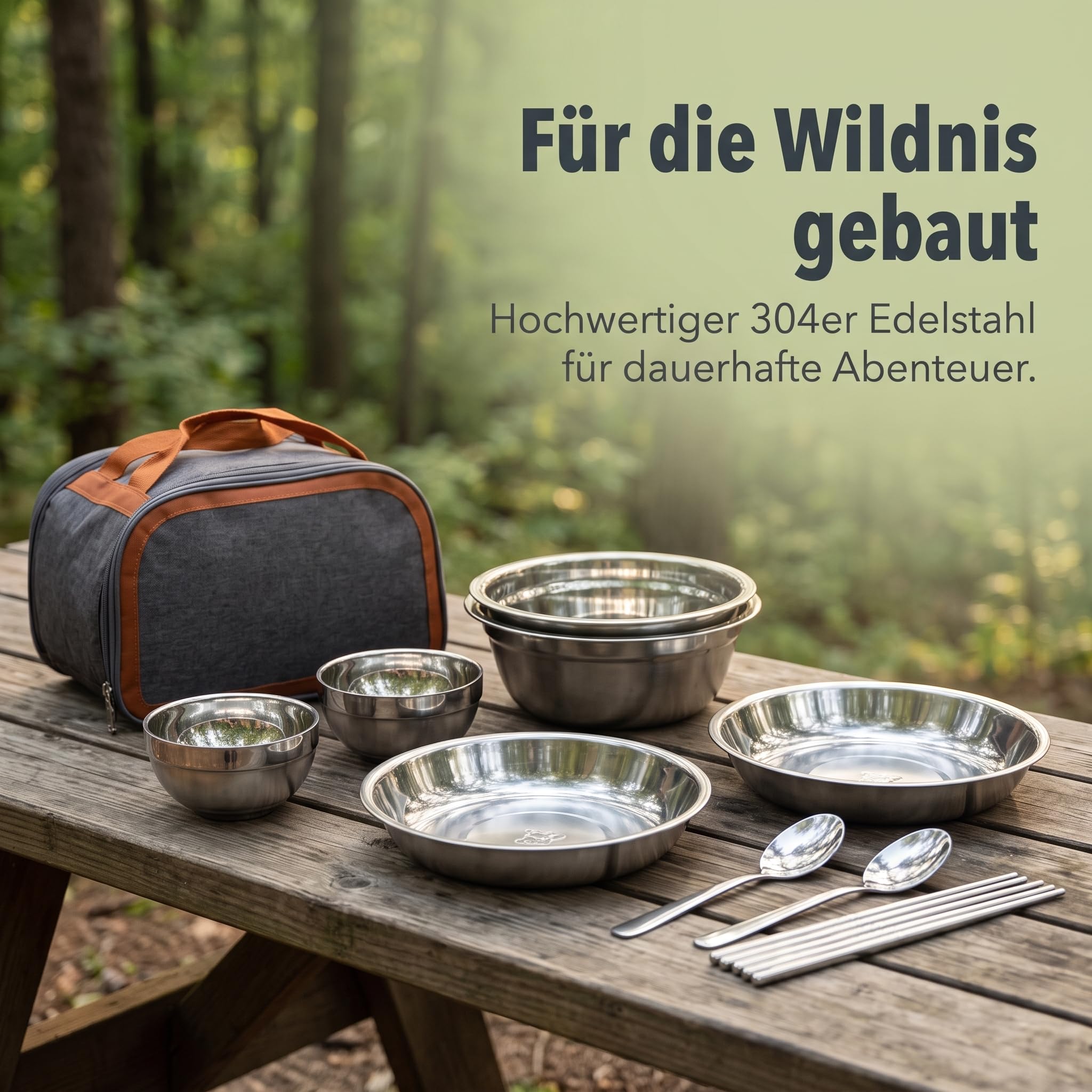 Camping Geschirr Set aus Edelstahl, Stapelbares Outdoor-Geschirr mit Camping Besteck und Teller, Ideal für Picknick und, Set aus 12 verdickten Schalen und Tellern aus 304 Edelstahl