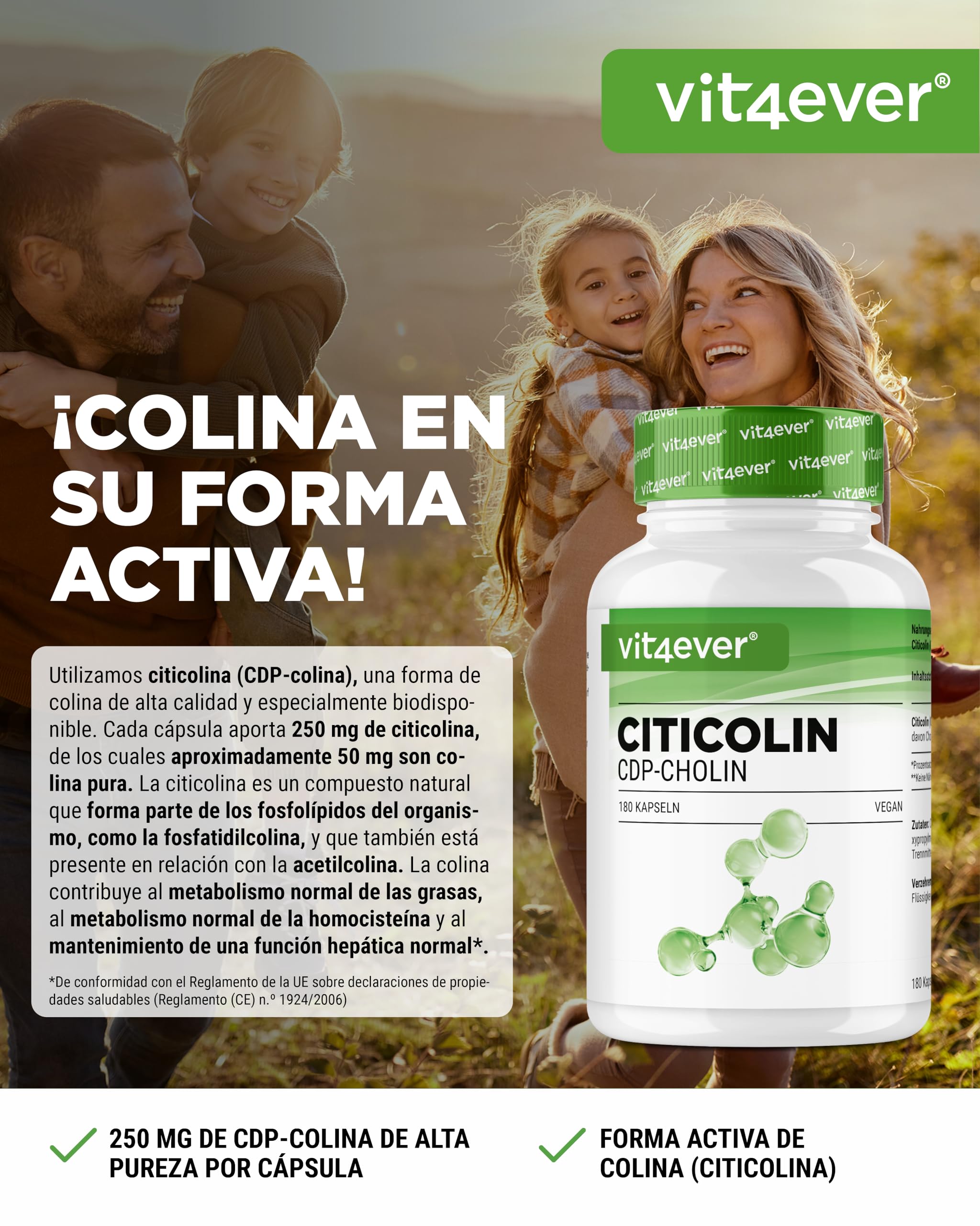 vit4ever CDP Colina (Citicolina) 250 mg - 180 Cápsulas - Alta Dosificación y Forma Bioactiva de Colina - Vegano, sin aditivos innecesarios
