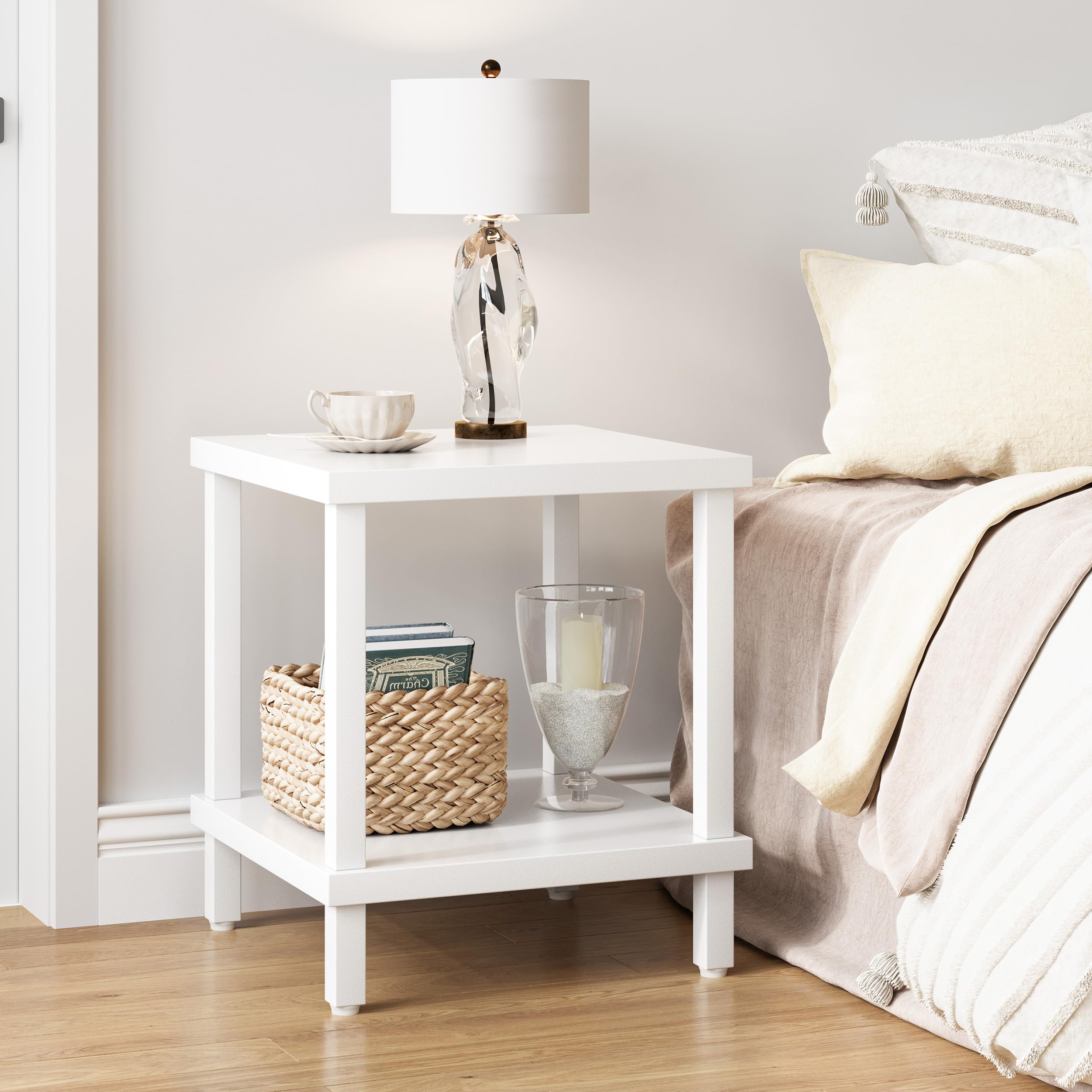 Mesa Auxiliar Pequeña de Madera de Ideal para Salón o Dormitorio Medidas 50x50x58cm Mesa Centro à Deux Niveaux Elegante y Funcional Cuadrado Blanco LET510W
