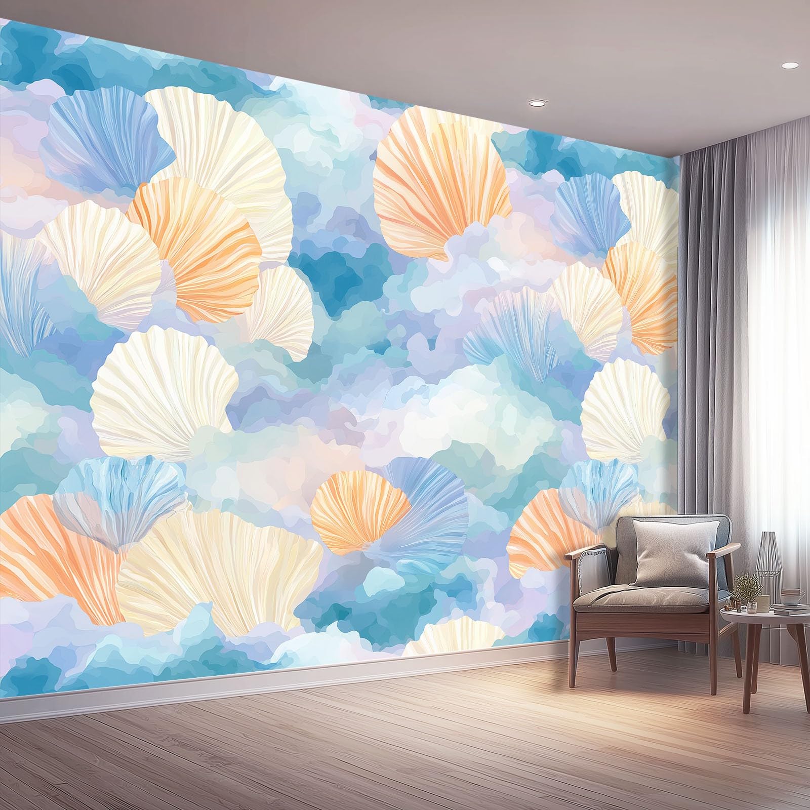 Urocza tapeta akwarelowa muszla 400 x 280 cm, plakat na ścianę fototapeta dekoracja ścienna salon sypialnia pokój dziecięcy dla dzieci, kolorowy
