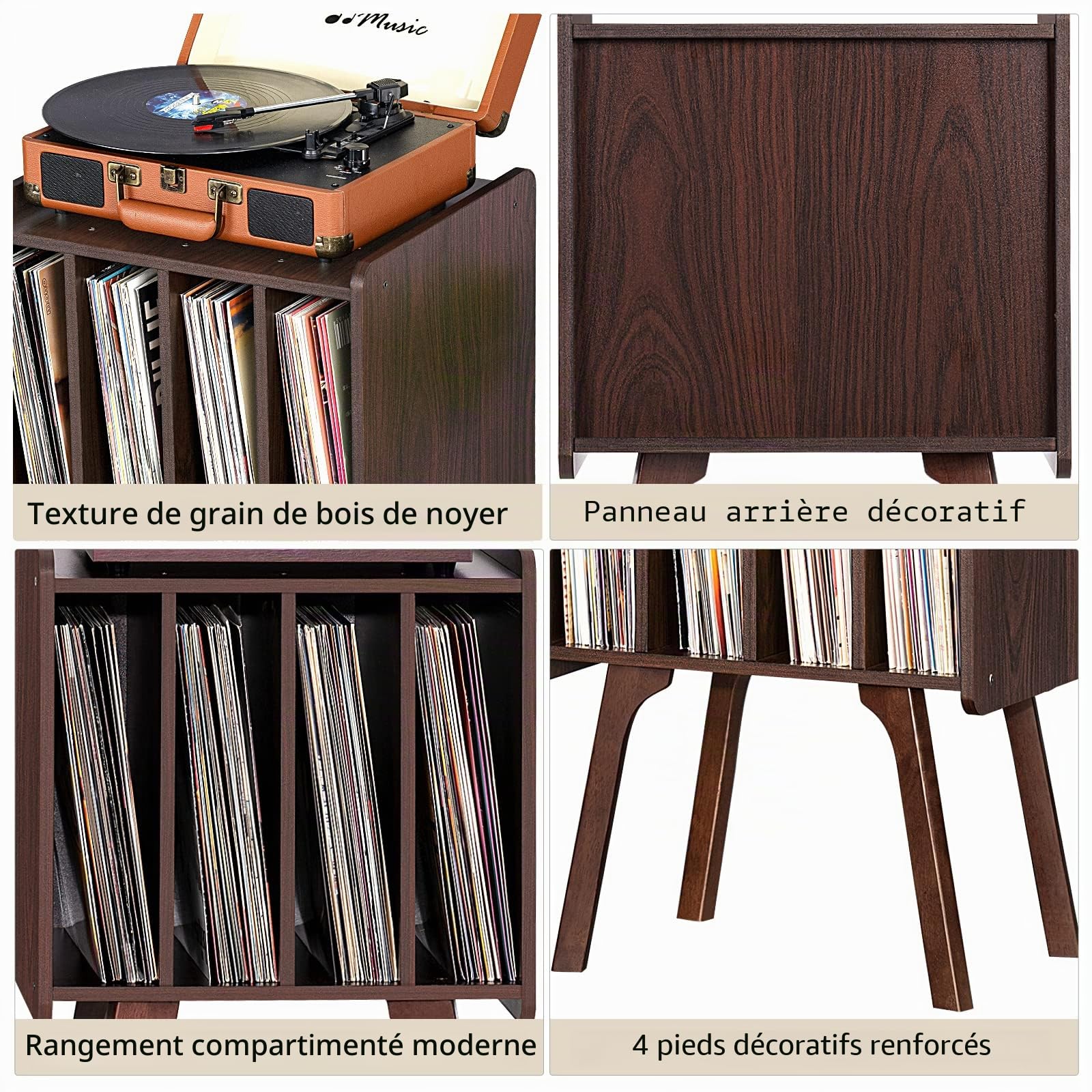 LELELINKY Présentoir à disques en bois avec 4 armoires, table Mid-Century pour tourne-disque vinyle avec pieds en bois massif, peut contenir jusqu'à 100 albums, étagère en vinyle noyer pour chambre à
