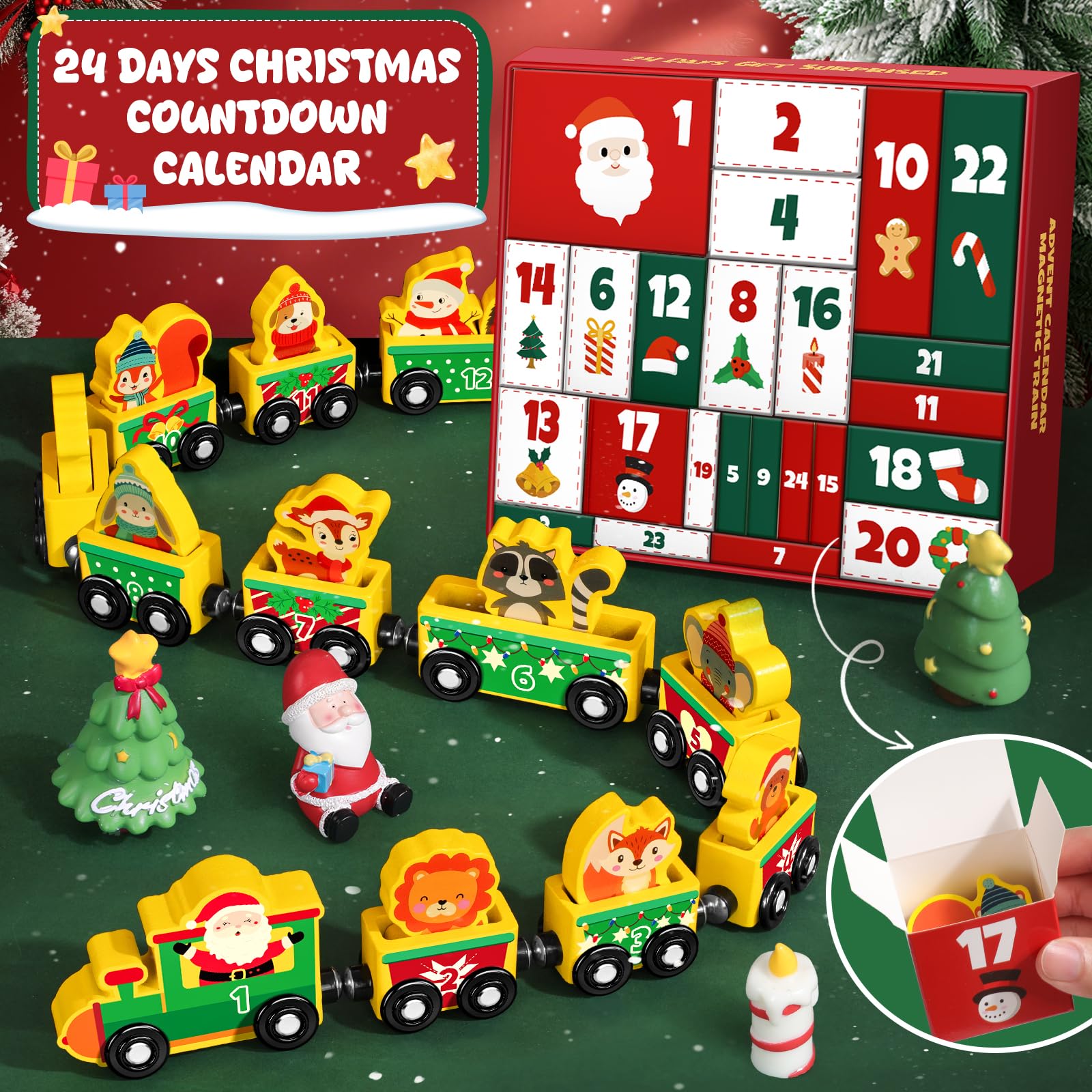 Calendrier de l'Avent 2026 Enfant, Calendrier Avent Kinder Bebe Train Magnétique en Bois, 24 Jours Calendrier de l Avent Jouet Éducatif Jeux Montessori Cadeaux de Noël pour Filles Garçons