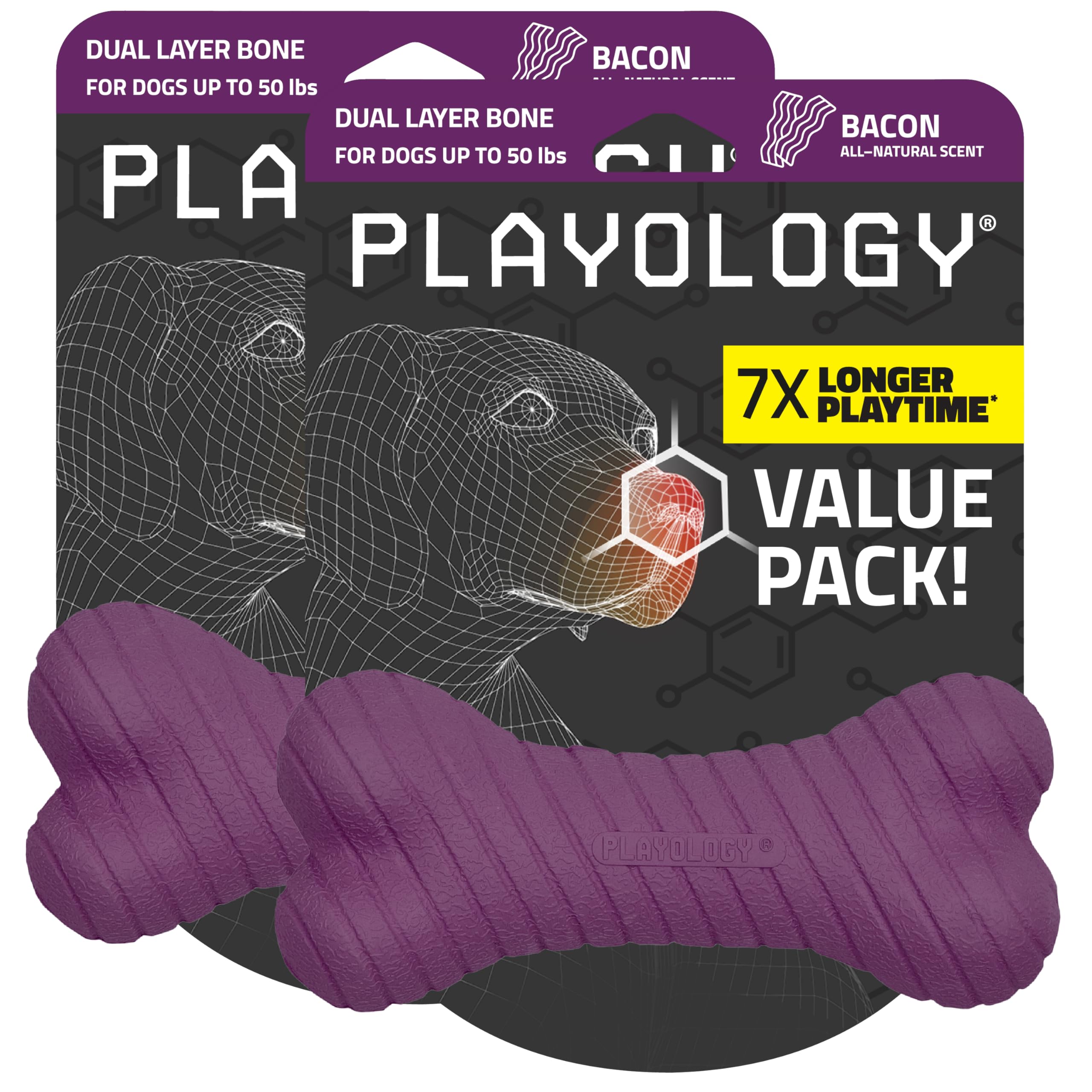 Playology Dual Layer Bone Dog Chew Toy - Medium, Bacon Scent, 2-Pk
