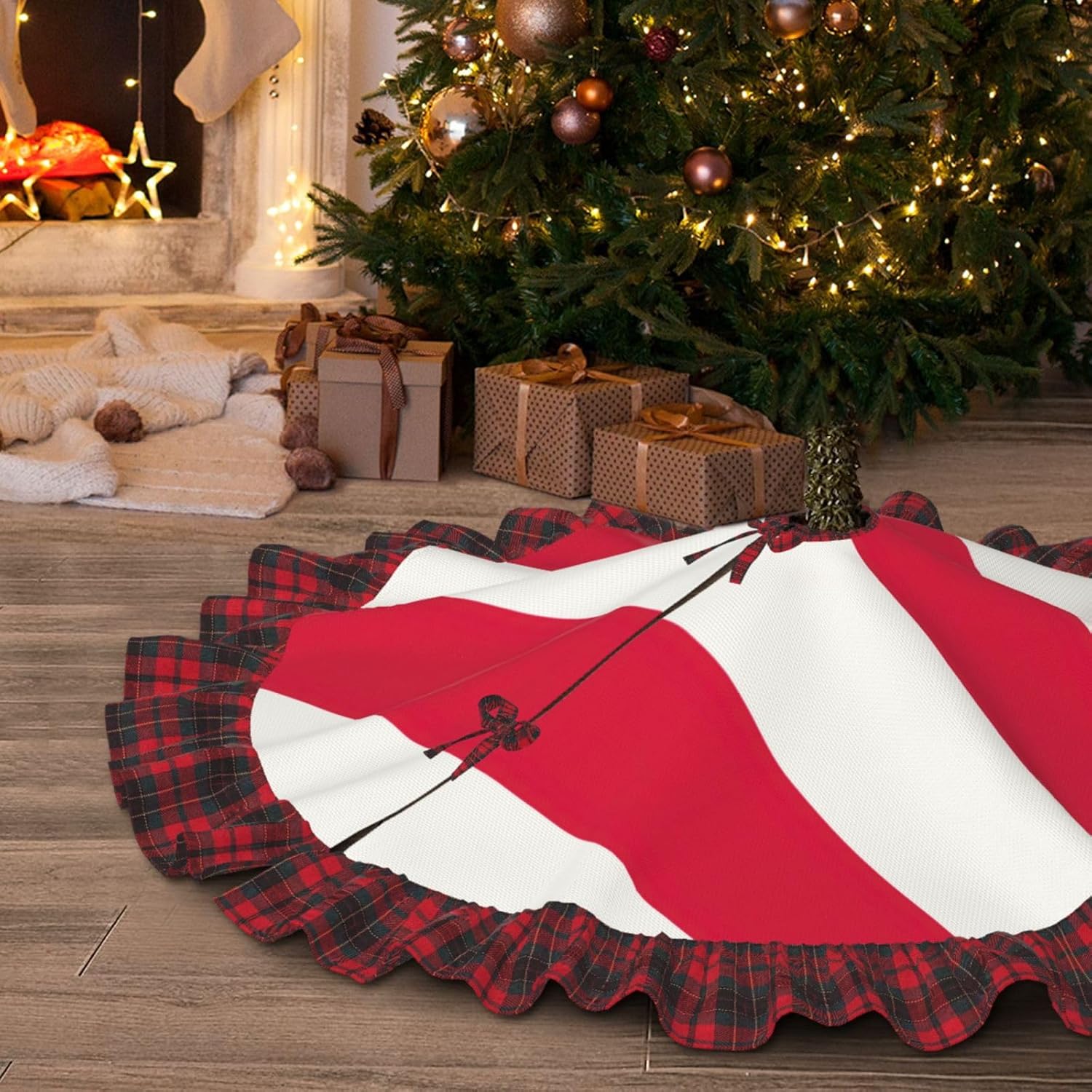 Polish Flag Christmas Tree Skirt with Plaid 36 Inch, Xmas Tree Skirts for Christmas Tree Mat Decorations