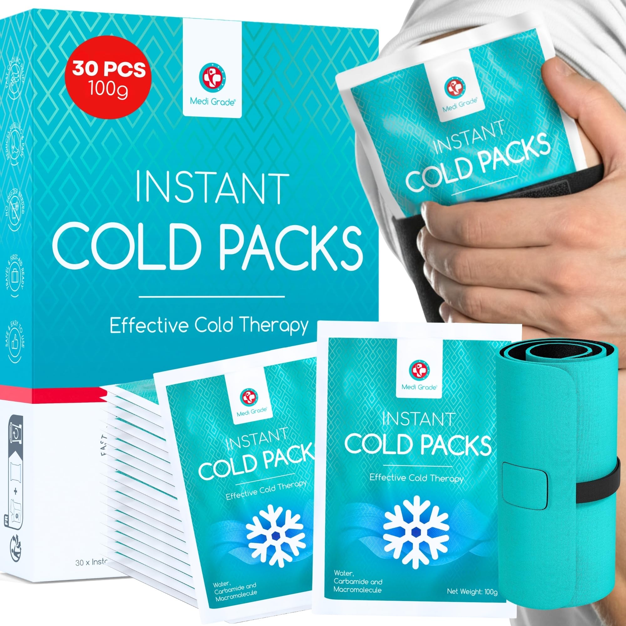 Medi Grade Bolsas de Frío Instantáneo 30 uds de 100 g – Bolsas de Gel Frío para Alivio Rápido, Sin Frigorífico con Banda de Sujeción –ideal para Lesiones en Tobillos y Rodillas –Medidas 11,43x15,24 cm