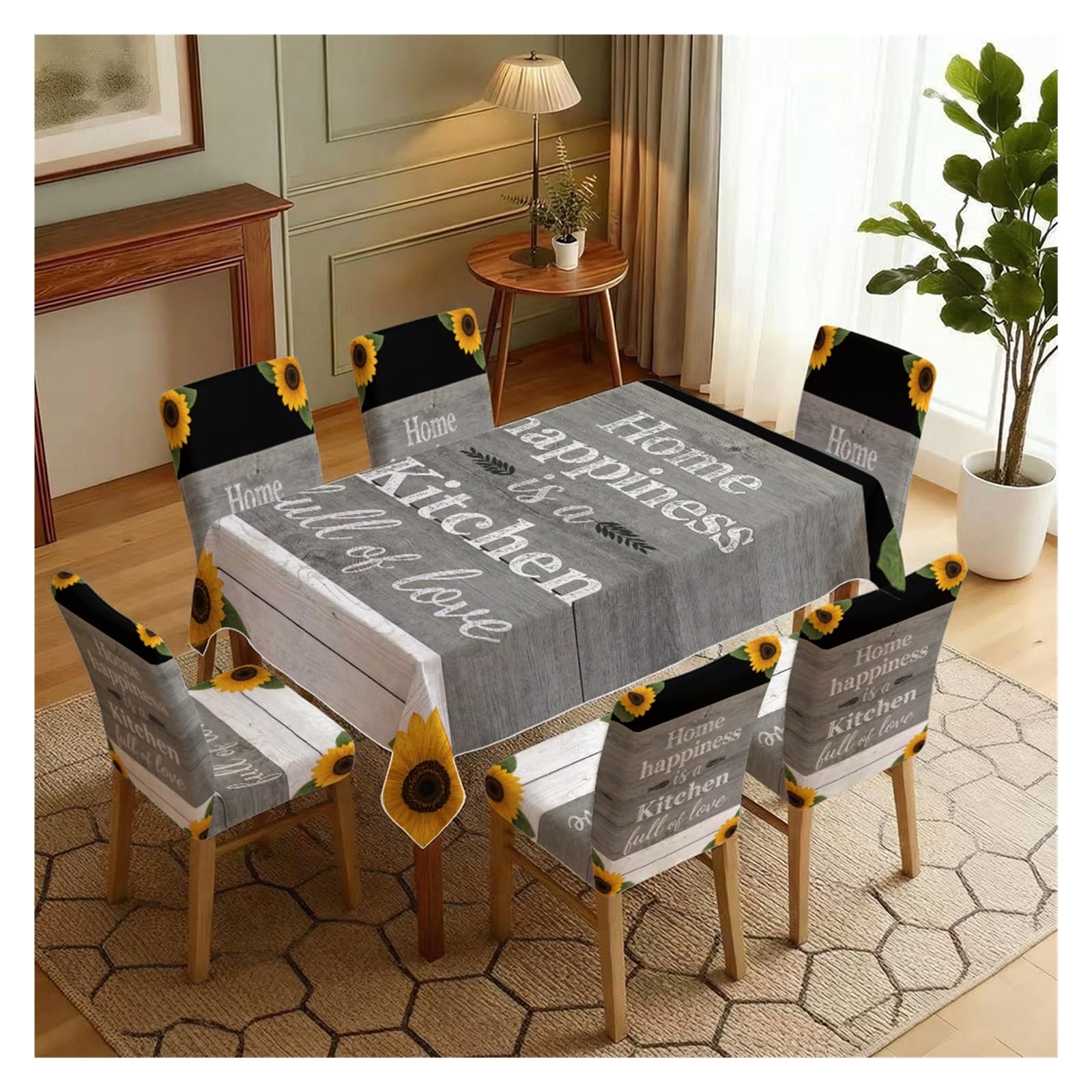 KXUAUV Stretch Dining Chair Slipcover & Tablecloth Set, Sunflower And Farmhouse Wood Print, 5/7 Pack, For Farm Kitchen Rustic Family Daily Dining Decor Party Decor(7pcs Set: Tablecloth+Chair Covers)
