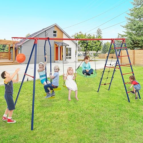 Miniatura 8 de HONEY JOY Juego de columpios de 550 libras para patio trasero, soporte de columpio de metal resistente con columpio de platillo, columpio de