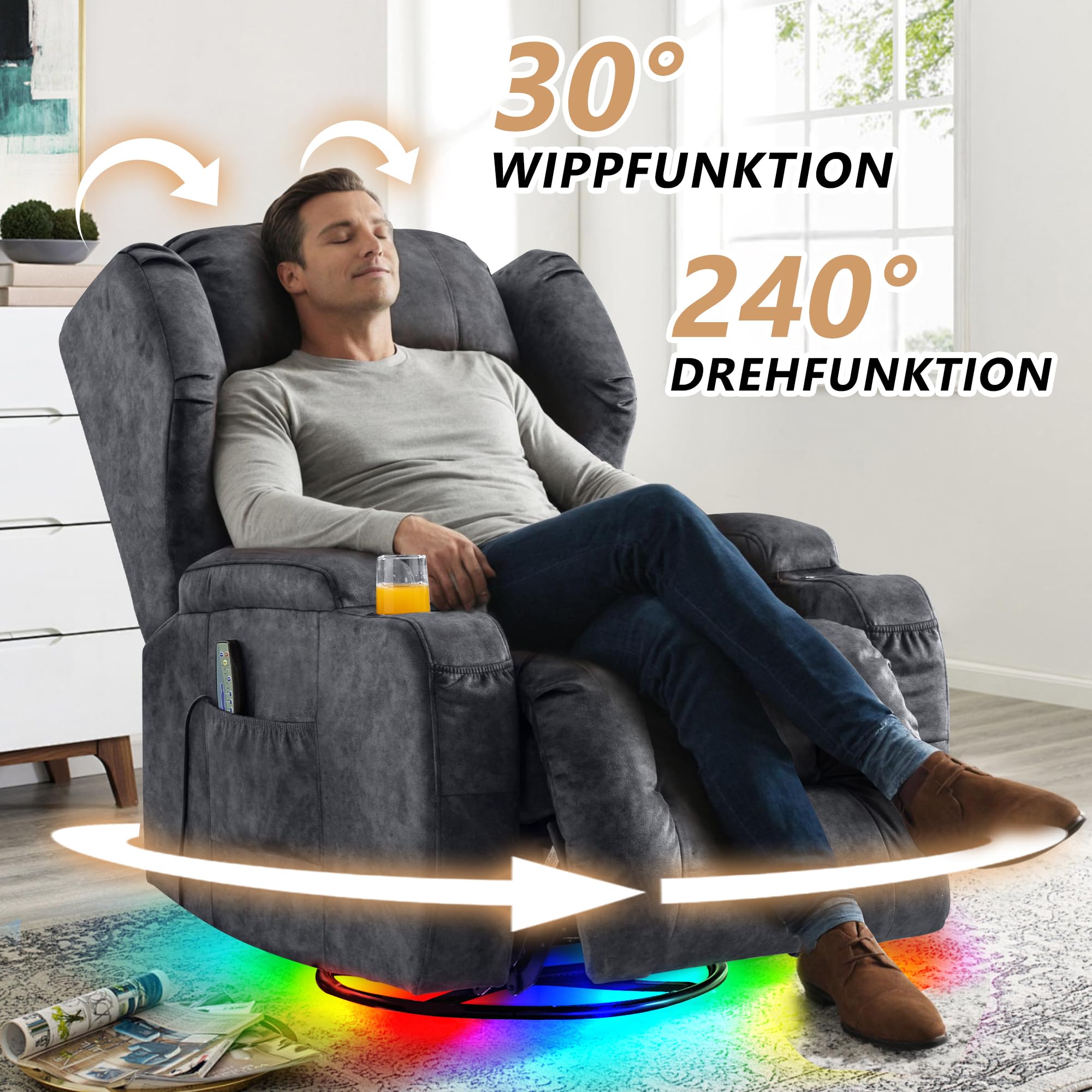 2 Motoren Elektrischer Verstellbar Relaxsessel mit Liegefunktion, Drehbarer Fernsehsessel TV Sessel mit Massage und Wärme, Kinosessel mit USB/LED/TYP C,bis 150 kg (Samt Grau, 1)