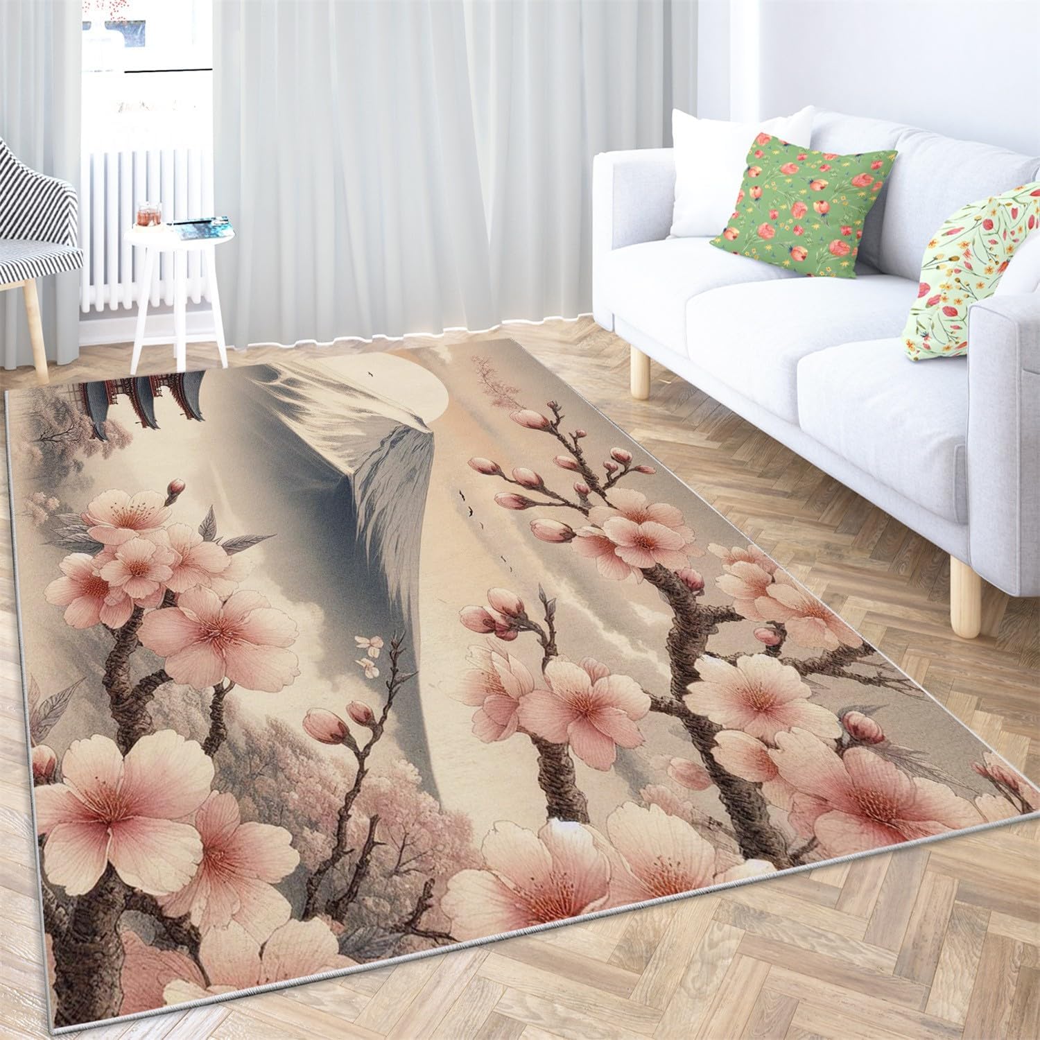 Generic Machine Washable Rug Japanese Cherry Blossom Snow Mountain Living Room Carpet Non-Slip 2x3 Oblong Rugs for Bedroom Kitchen Hallway Dorm Laundry Room Home Decor Area Rug